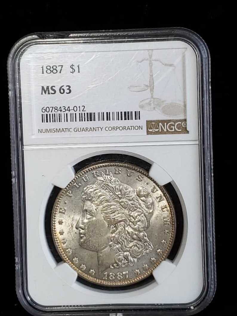 1887   MS 63 Silver Morgan Dollar, NGC  MS 63  Silver Coin  Beautiful toning- small chip on top of the case -  Regular -129   Lot # 1486