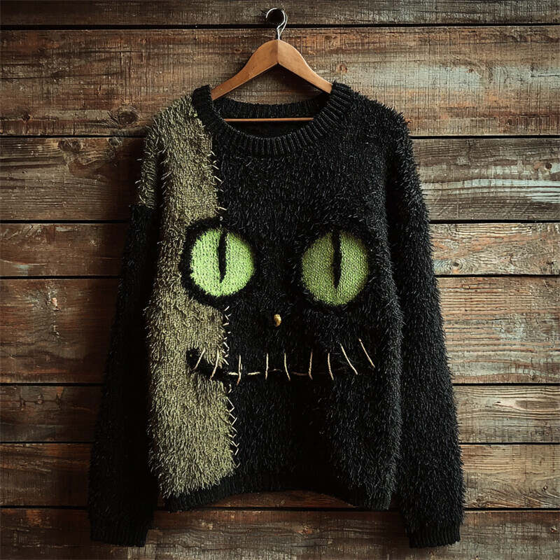 Halloween Fuzzy Black Cat Inspired Contrast Cozy Knit Sweater