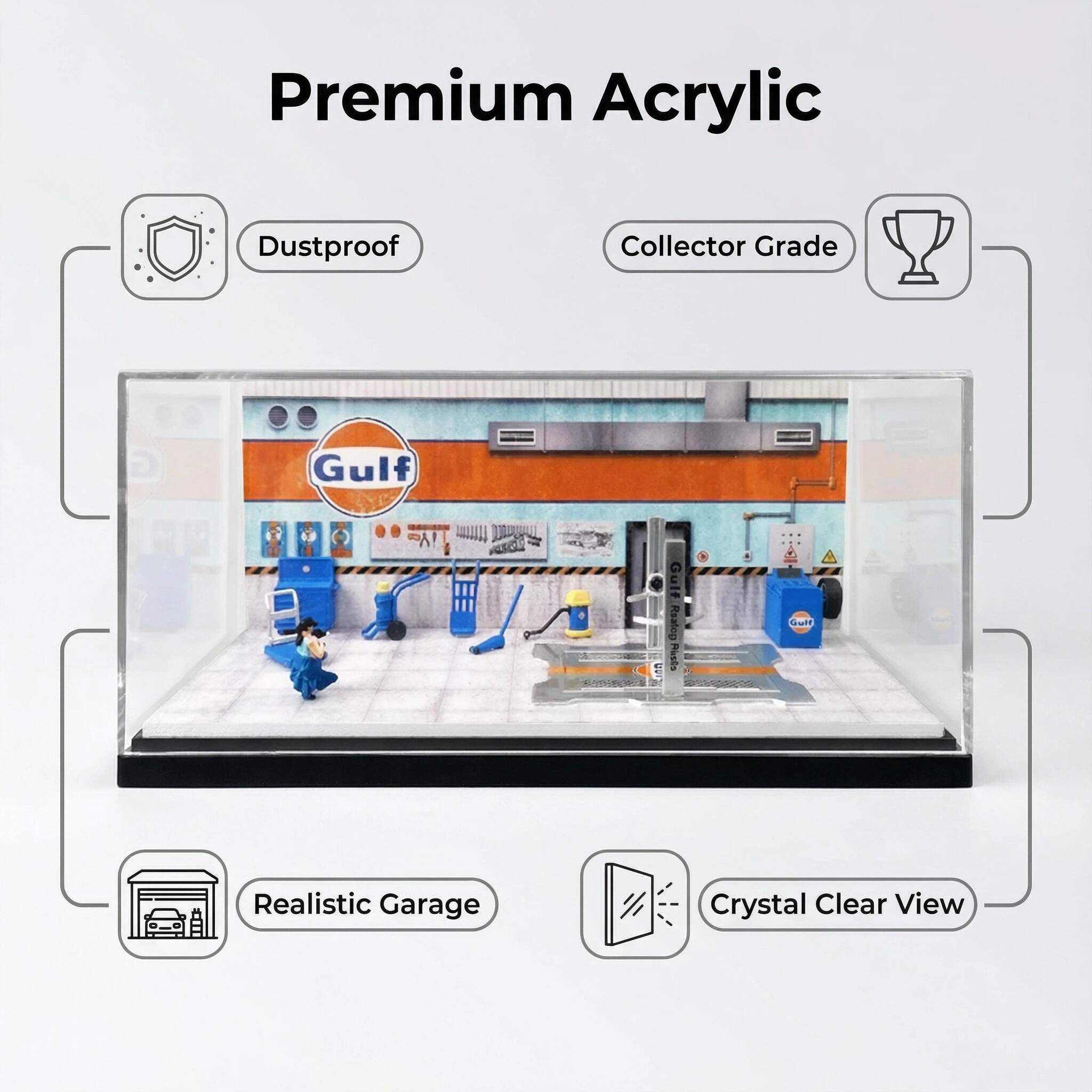1:64 Scale Classic Oil Service Garage Diorama Display Case – Vintage Workshop Scene for Diecast Cars