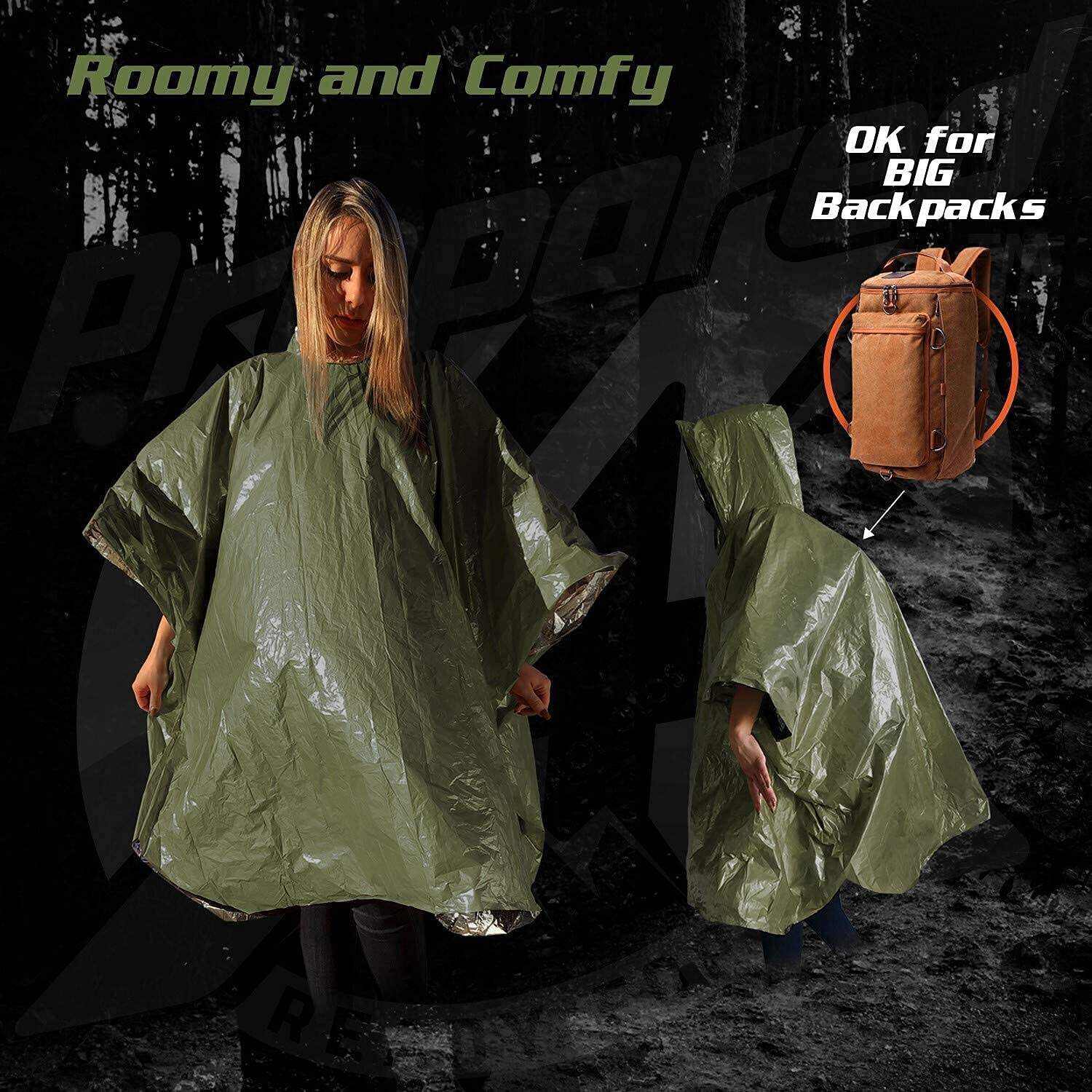 PREPARED4X Emergency Rain Poncho with Mylar Blanket Liner - Survival Blankets for Car - Heavy Duty, Waterproof Camping Gear, Tactical Prepper Supplies