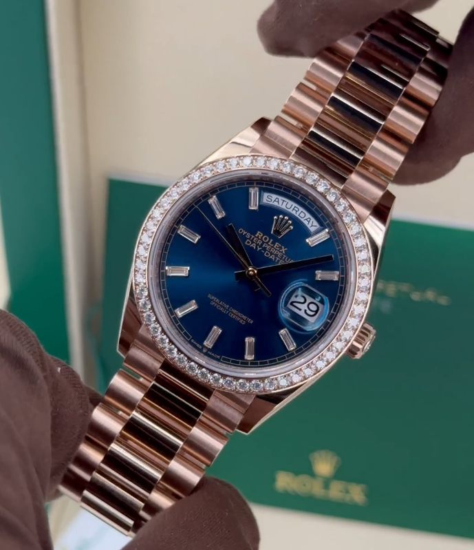 NEW 2025 Rolex Day-Date 36mm 128345RBR Rose Gold Blue Baguette Dial