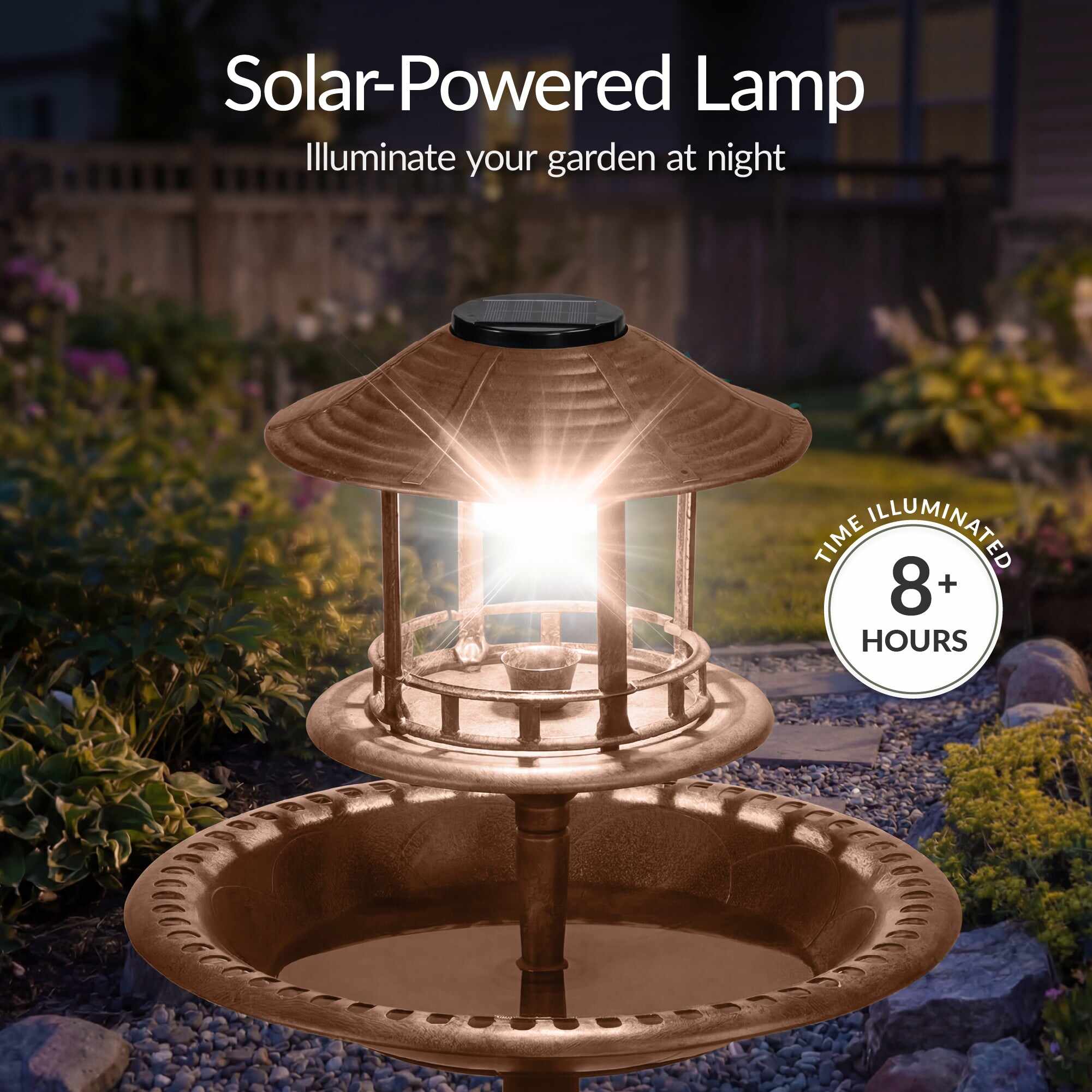 Solar Lighted Outdoor Pedestal Bird Bath w/ Planter, Decorative Bird Cage
