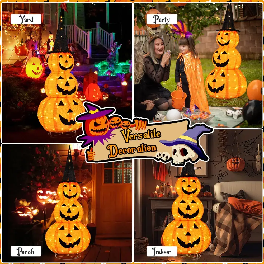 Tangkula Halloween Light Up Pumpkin Decoration Stacked Pumpkins with Witch Hat Build-in LED Lights Pop Up Jack-o-Lantern