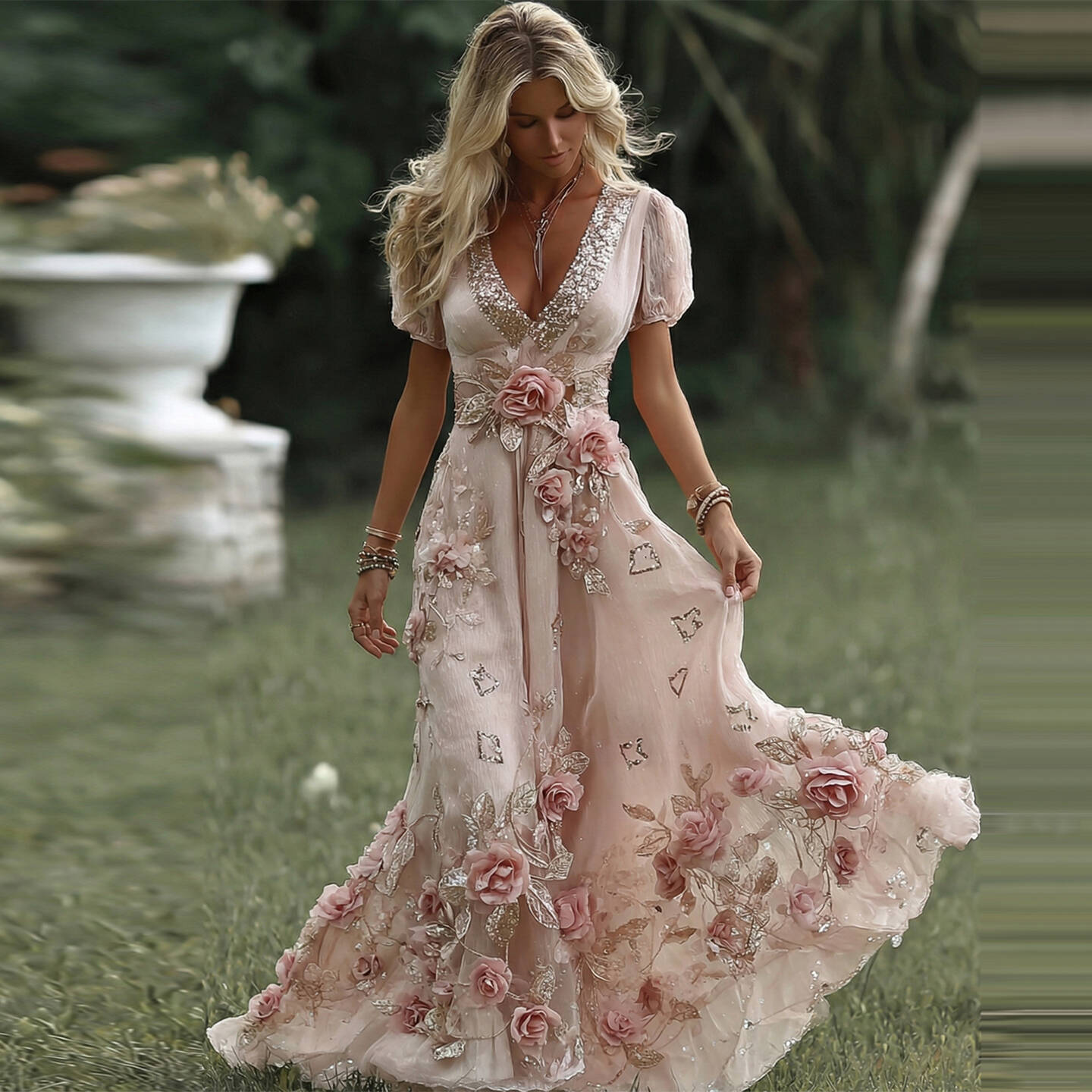 Women's Vintage Pink Rose Embroidered Art Pattern V-neck Short Sleeve Midi Dress