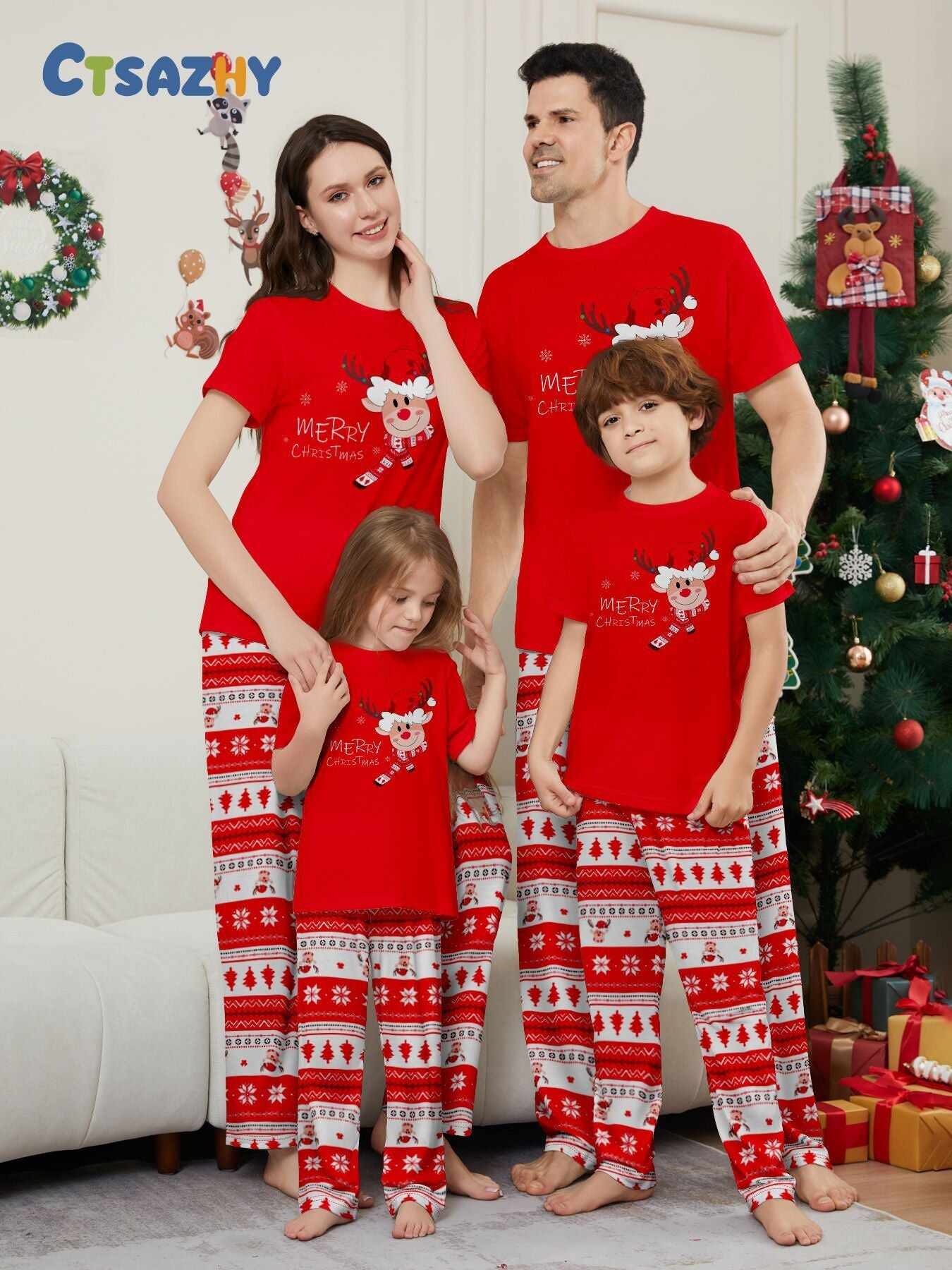 Fawn Printed Short Sleeve Family Matching Christmas Pajamas Sets