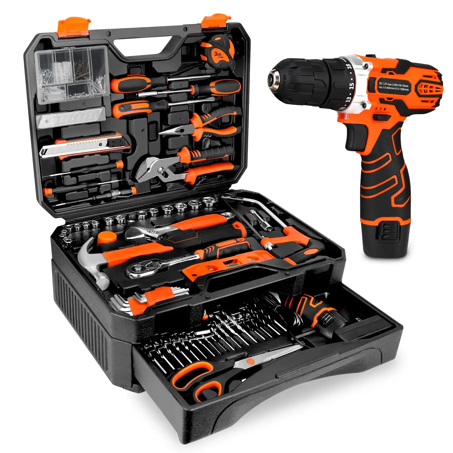 255-Piece Tool Set - Tool Kit with 12V Cordless Drill Driver, Toolbox Storage Case with Drawer, General Household Drill Set for DIY Projects, Home Repairs, Handyman