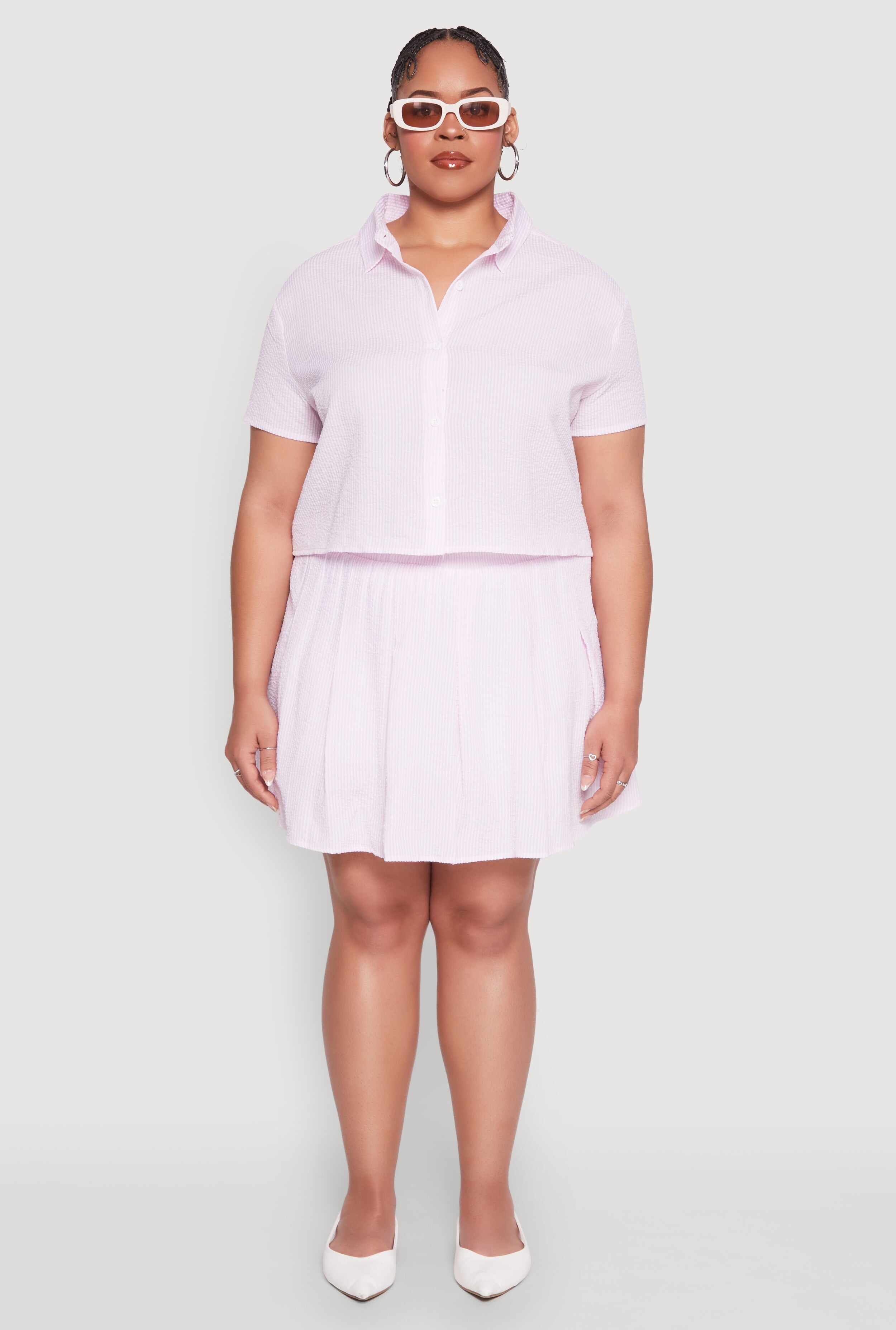 Plus Size Almost Famous Striped Seersucker Cropped Shirt