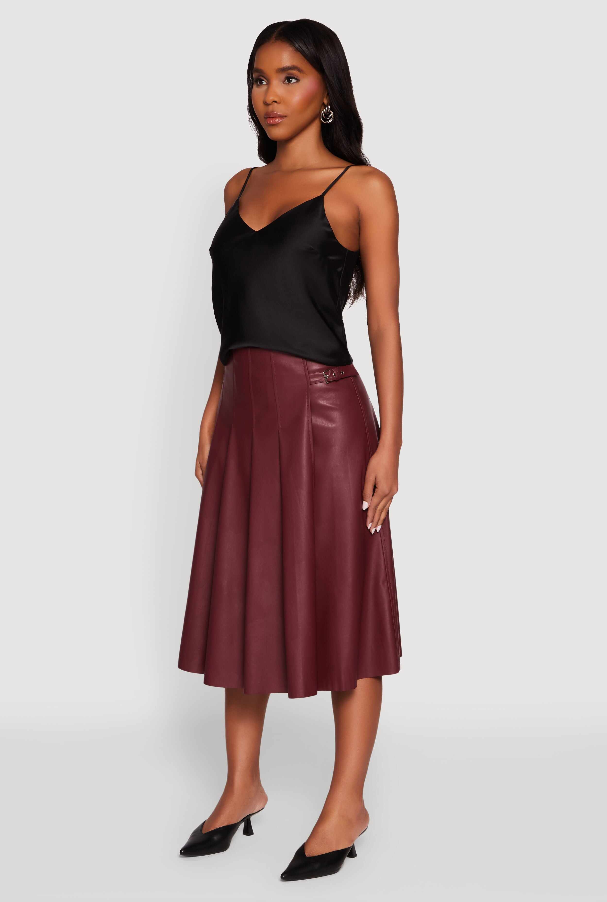 Faux Leather Buckle Detail Midi Pleated Skirt