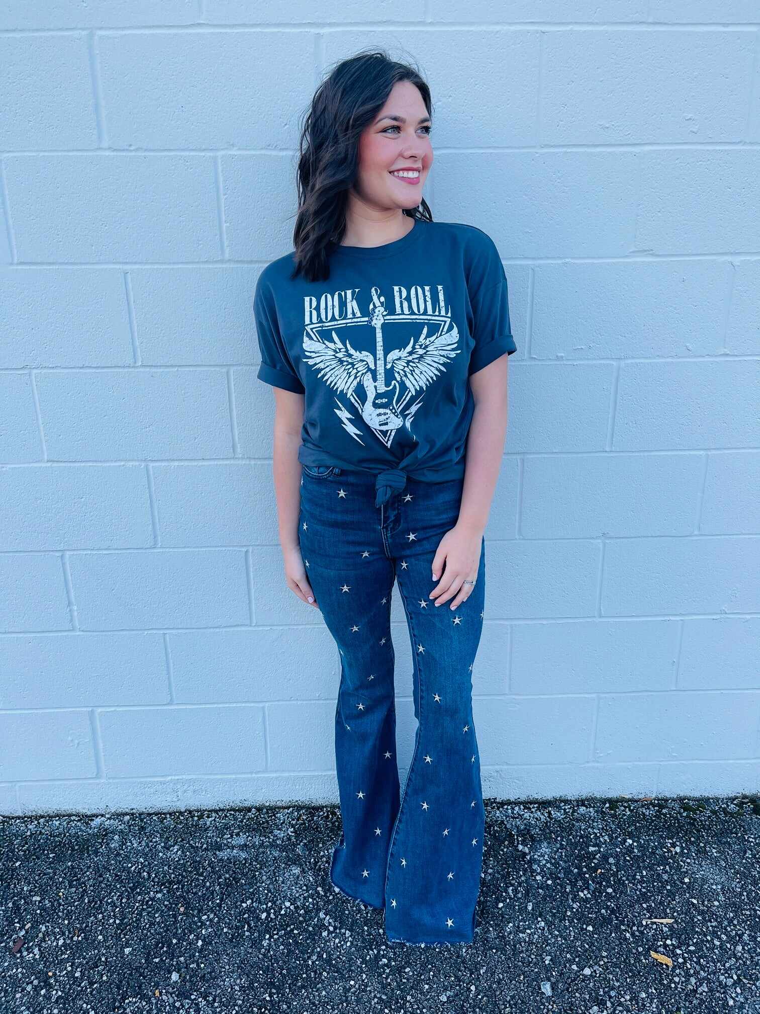 PLUS/REG Wishing On A Star Embroidered Flared Jeans