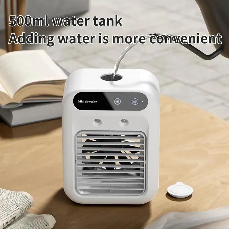 Portable Air Cooler Fan 3 in 1 Rechargeable Fan with 2 Mist Speeds and Powerful Wind, Mini Multifunctional Cooling Fan for Bedroom, Office, Camping