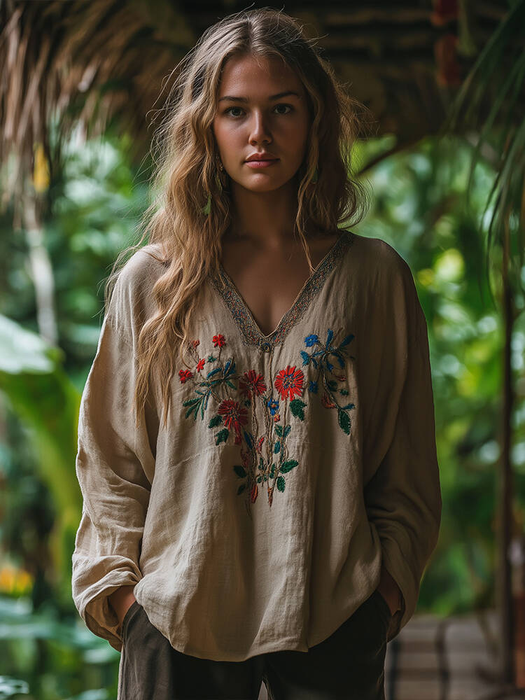 Vintage Bohemian Floral Embroidered Linen V-neck Shirt