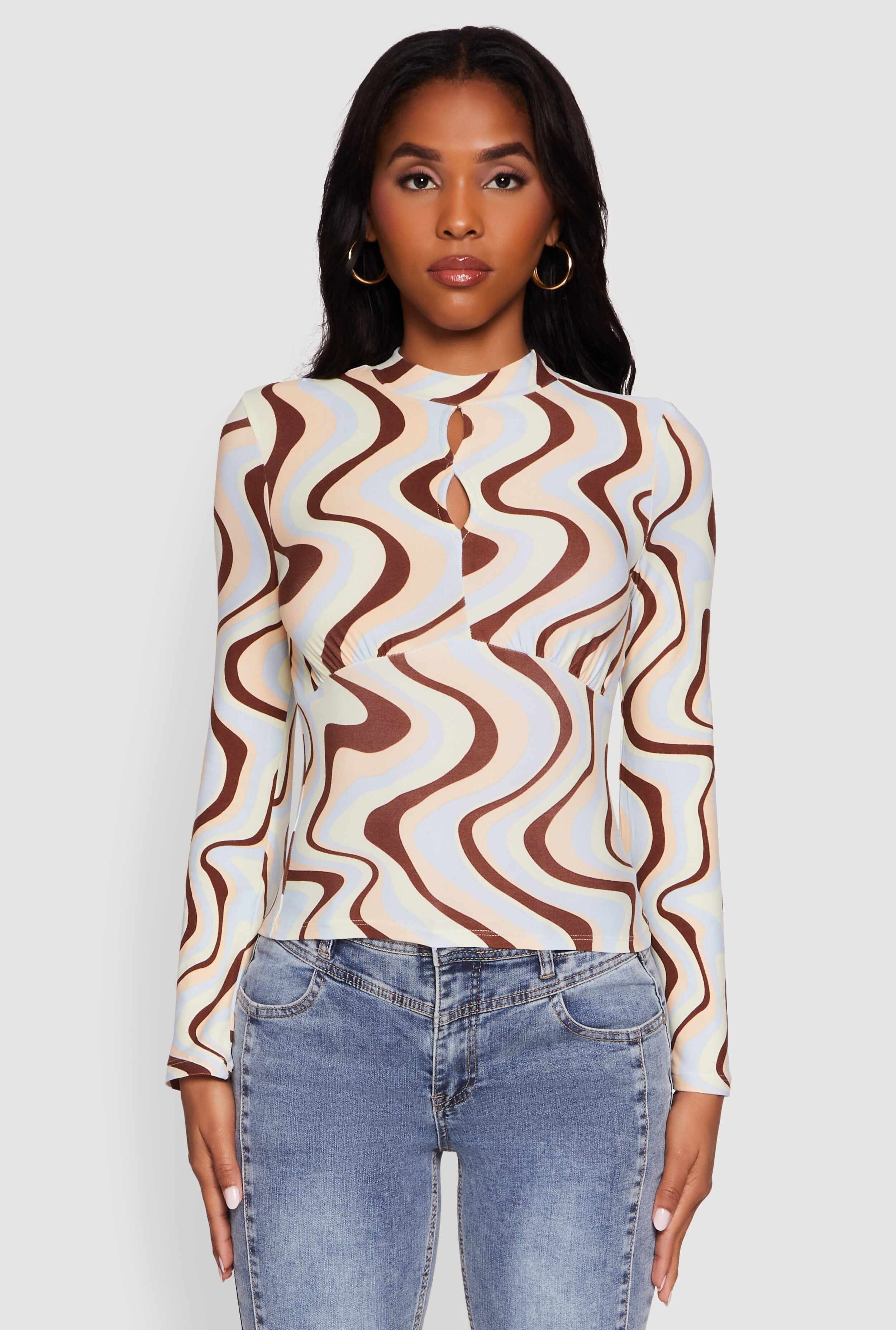 Wavy Print Mock Neck Keyhole Detail Blouse