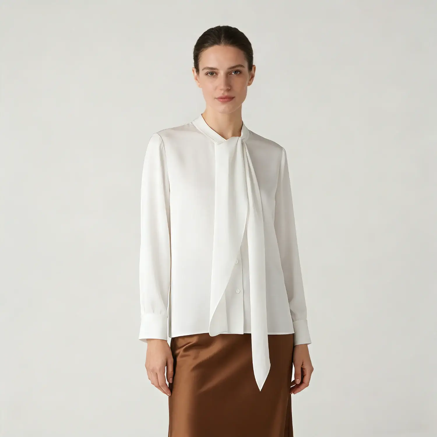 Solid Color Silk Shirt Long Sleeve with Neck Tie
