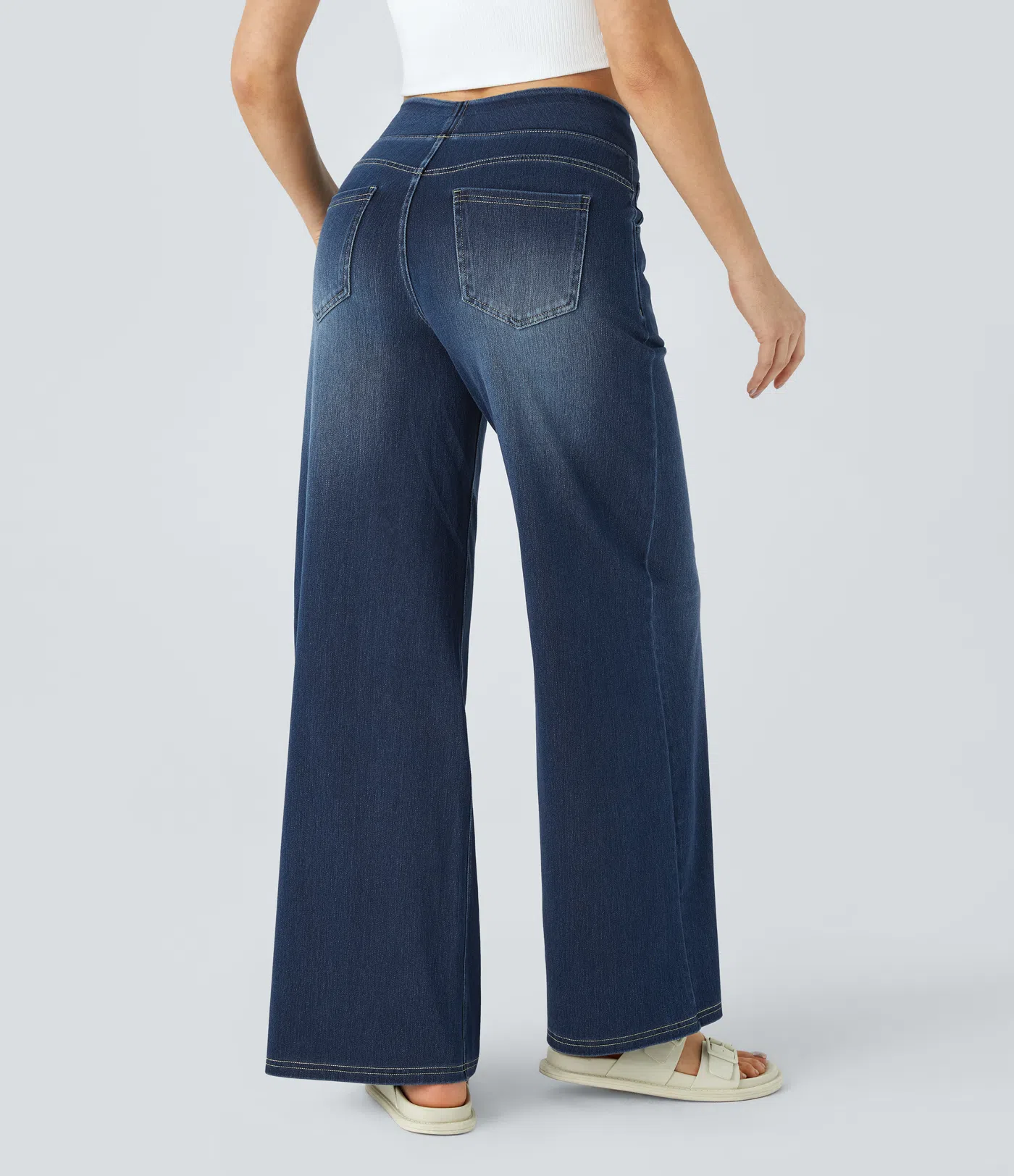 💝Last day promotion⚡High Waisted Multiple Pockets Baggy Wide Leg Washed Stretchy Knit Casual Jeans