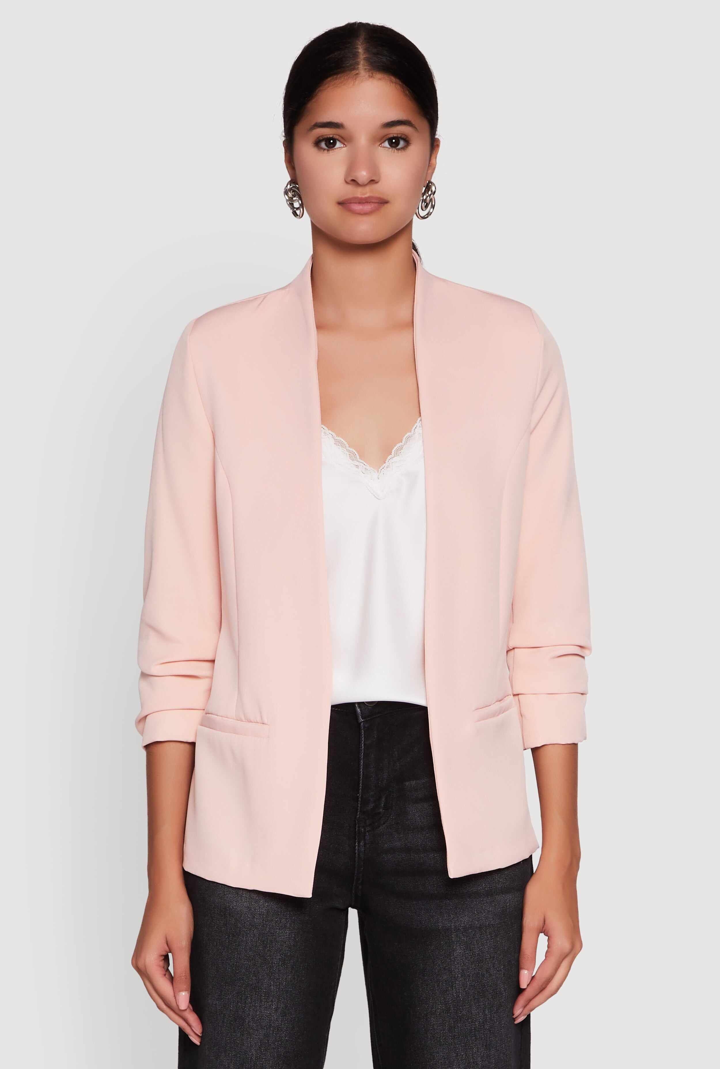 Open Front Ruched Sleeve Padded Shoulder Blazer