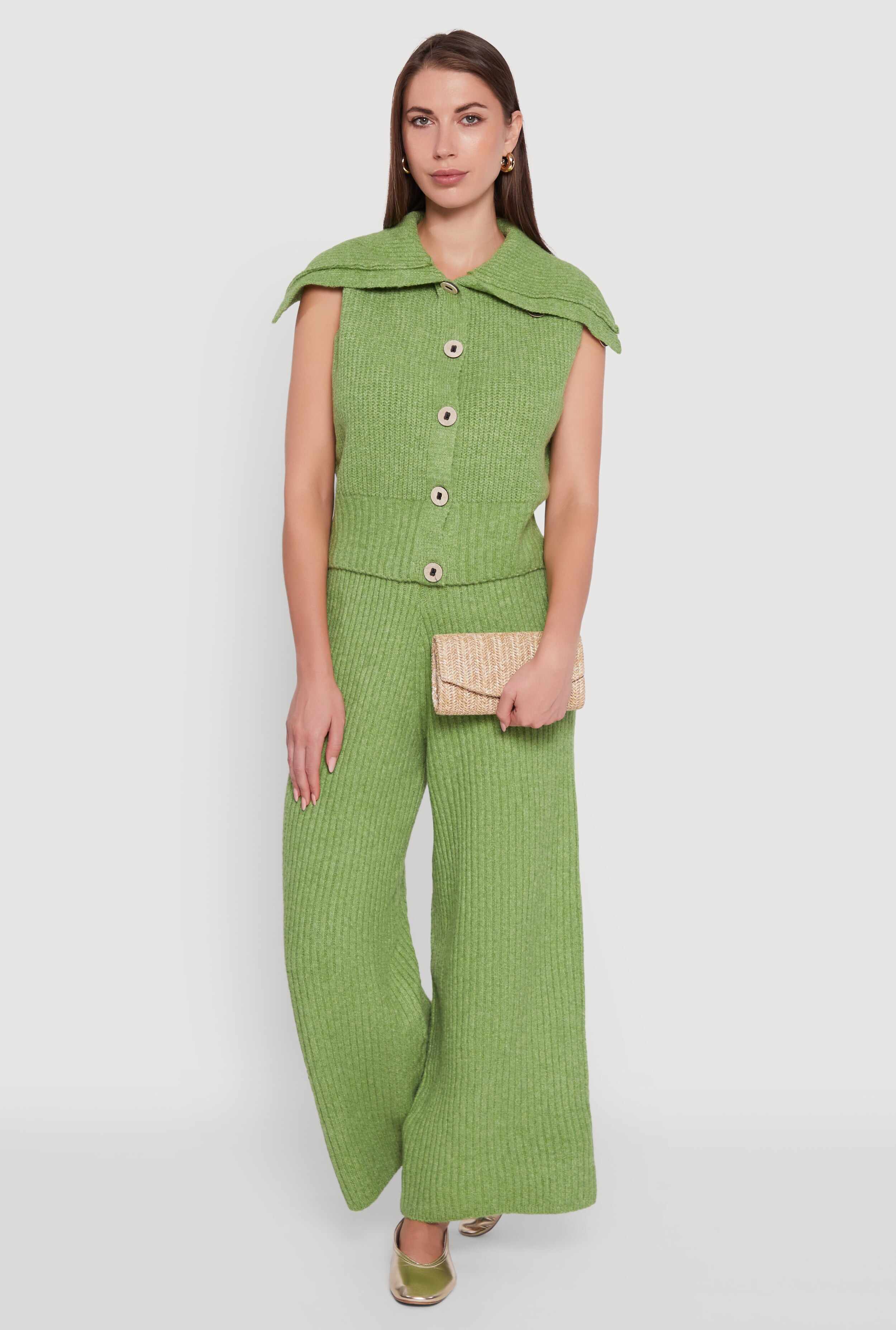 Brushed Rib Knit Collared Button Front Sweater Vest