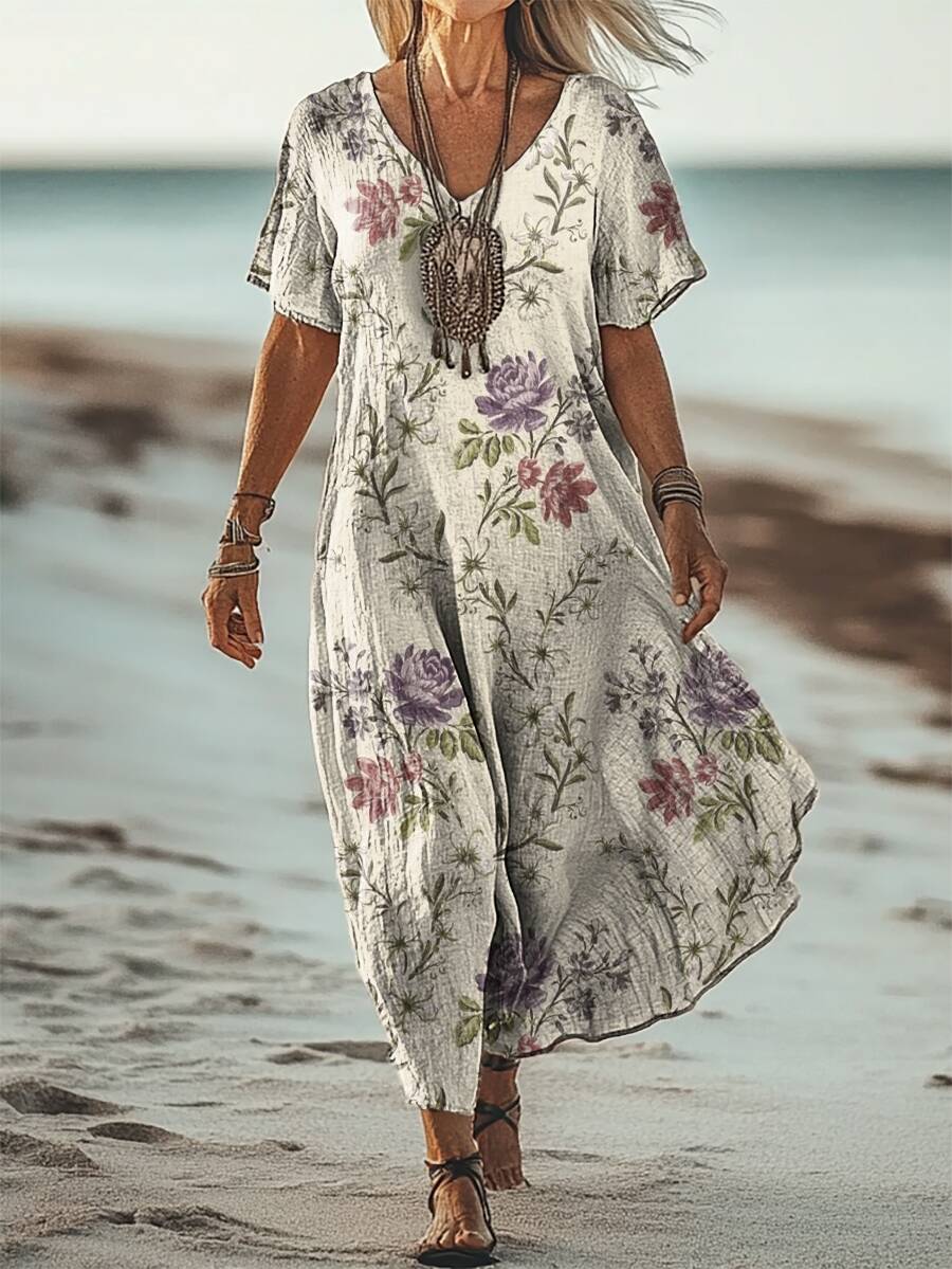 Women's Folk Art Floral Print Flowy Pocket Cotton Dress