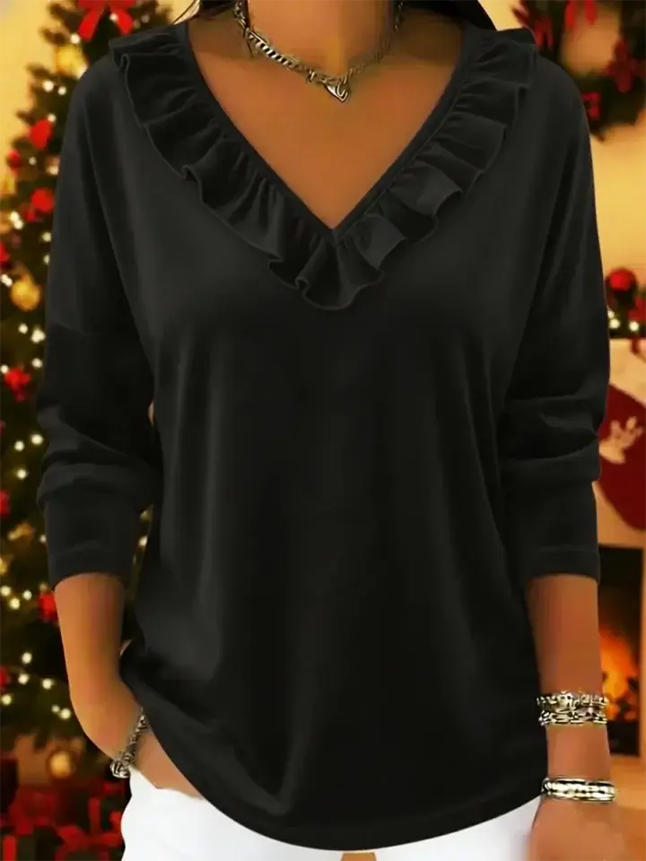 🔥Summer Arrivals🌟Retro Christmas Velvet V-neck Ruffled Pullover Top