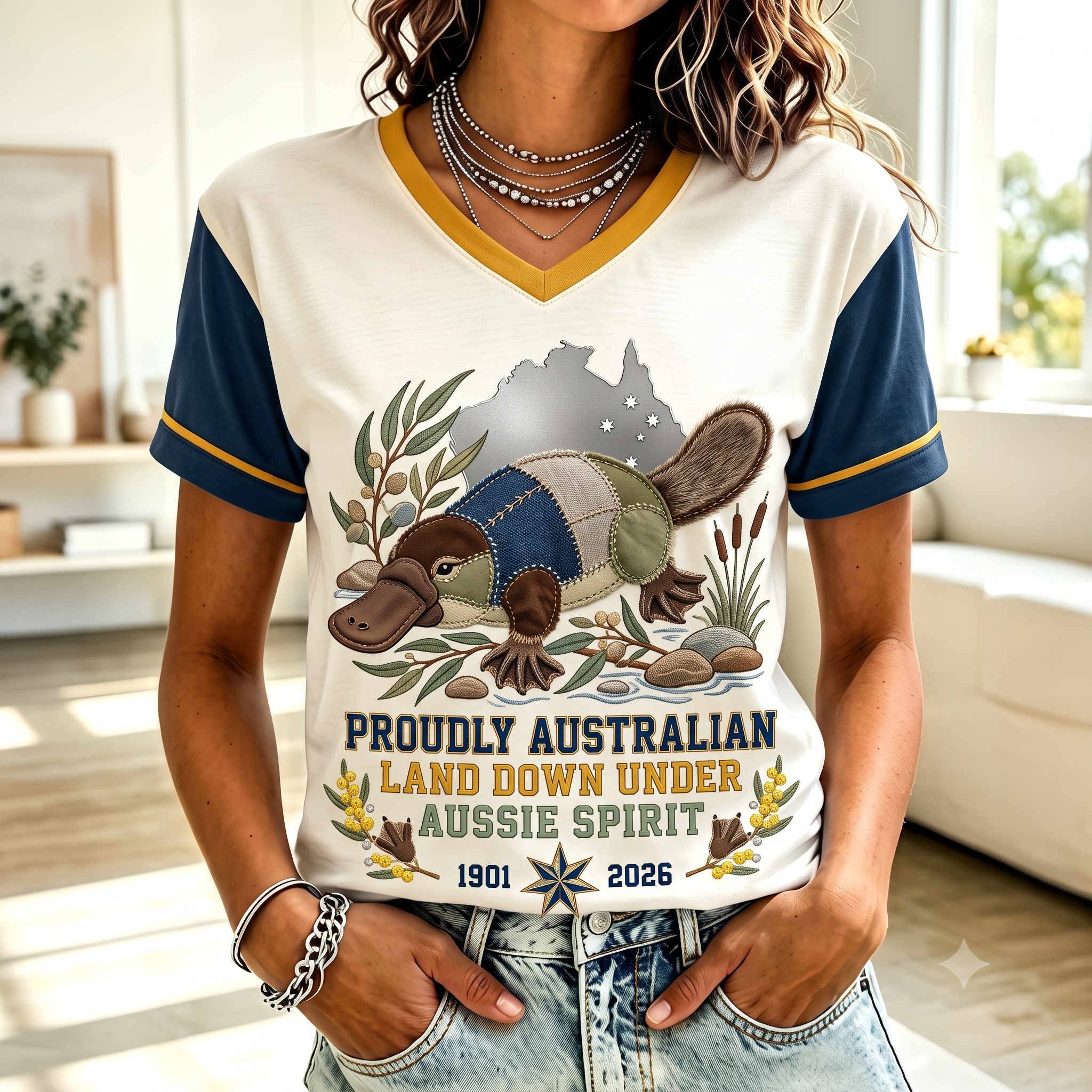 Printed Casual V-neck Short-sleeved Platypus T-shirt