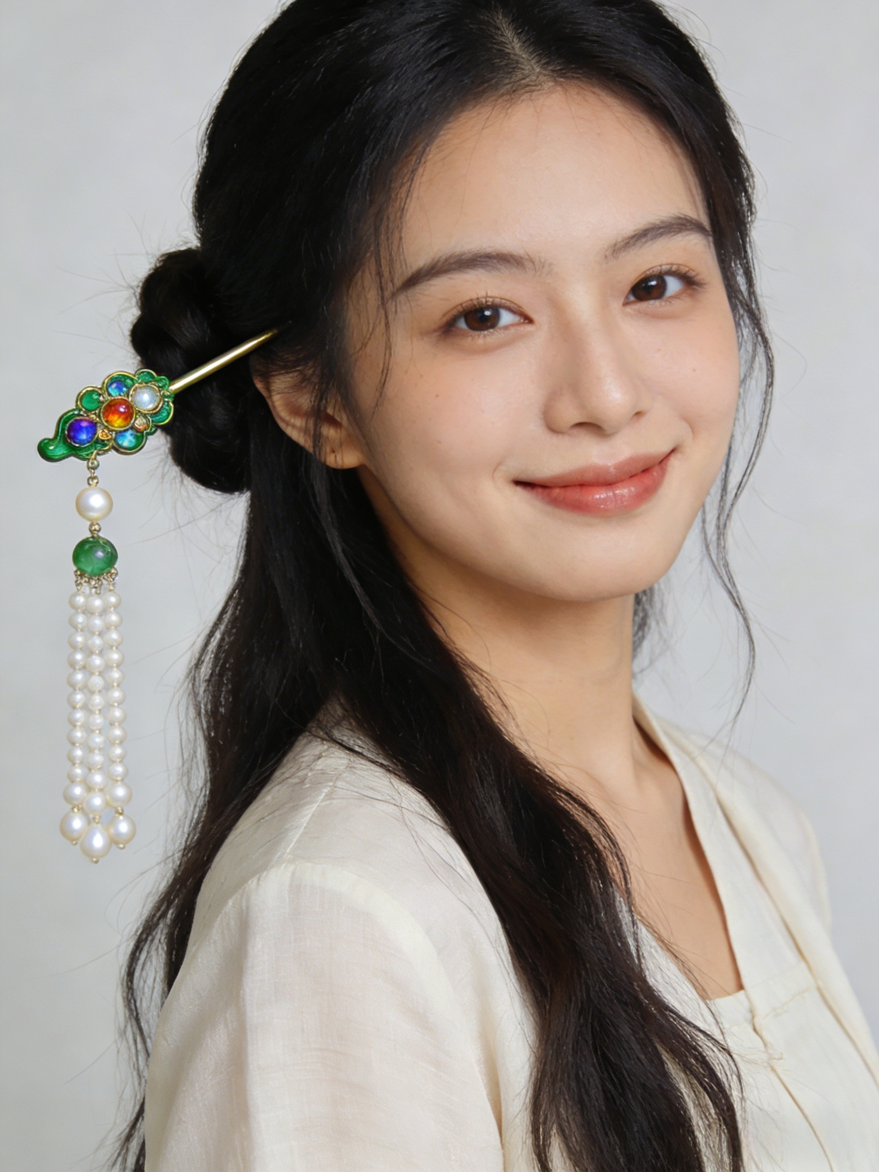 Chinese Style Green Alloy Colored Glaze Pearl Tassel Hairpin
