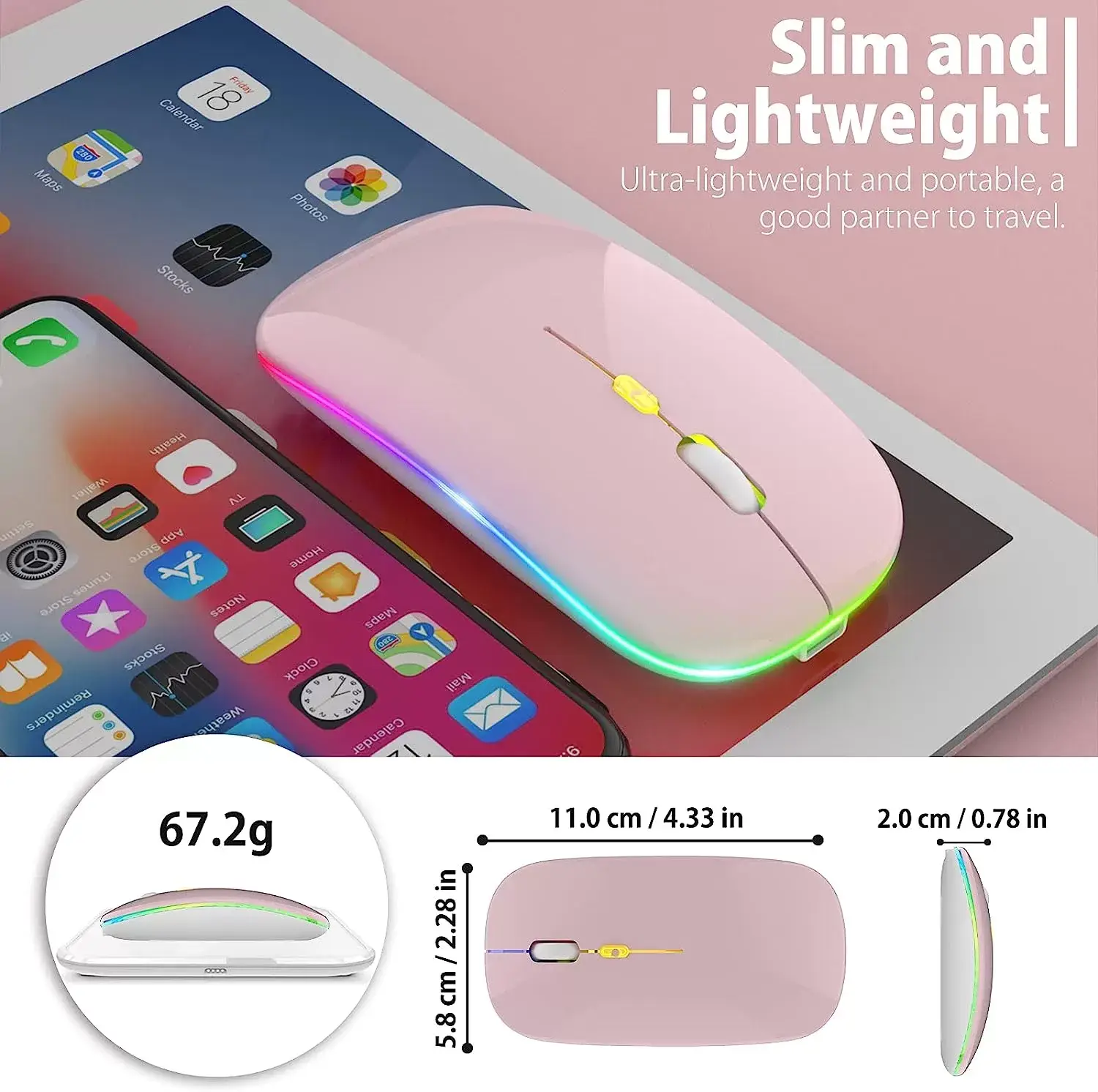 [Upgrade] LED Wireless Mouse, Slim Silent Mouse 2.4G Portable Mobile Optical Office Mouse with USB & Type-c Receiver, 3 Adjustable DPI Levels for Notebook, PC, Laptop, Computer, MacBook (Pink)
