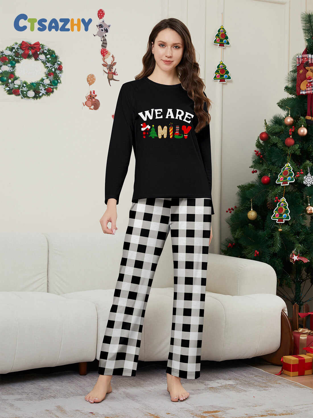 ��We Are Family�� Long Sleeve Monogrammed Plaid Parent-Child Pajamas