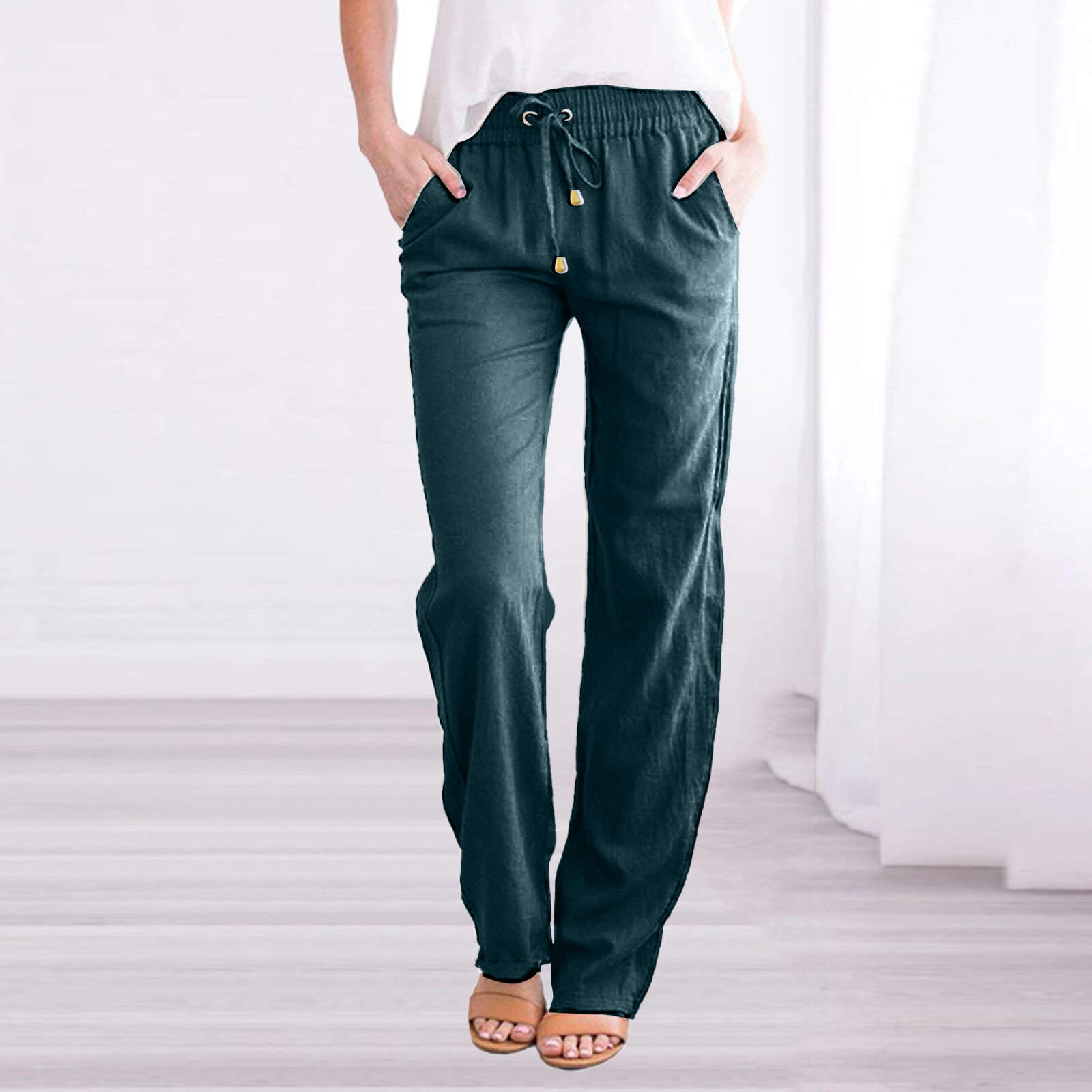 Solid Color Loose Drawcord Casual Wide Leg Pants