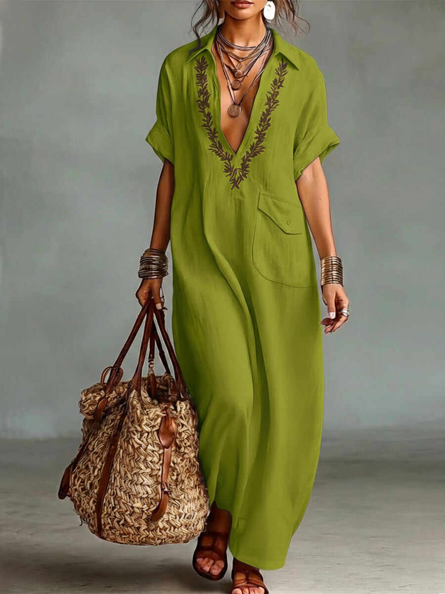 🔥Summer Arrivals🌟Loose-fitting V-neck Linen And Cotton Dress