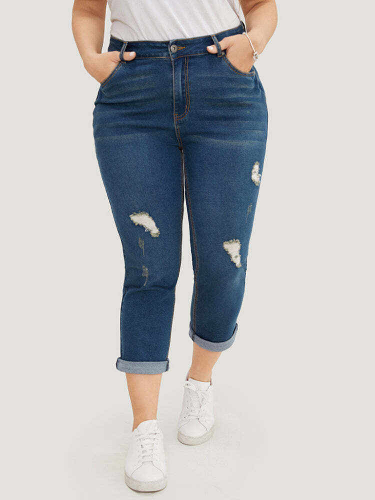 Very Stretchy  Dark Wash Roll Hem Cropped Jeans