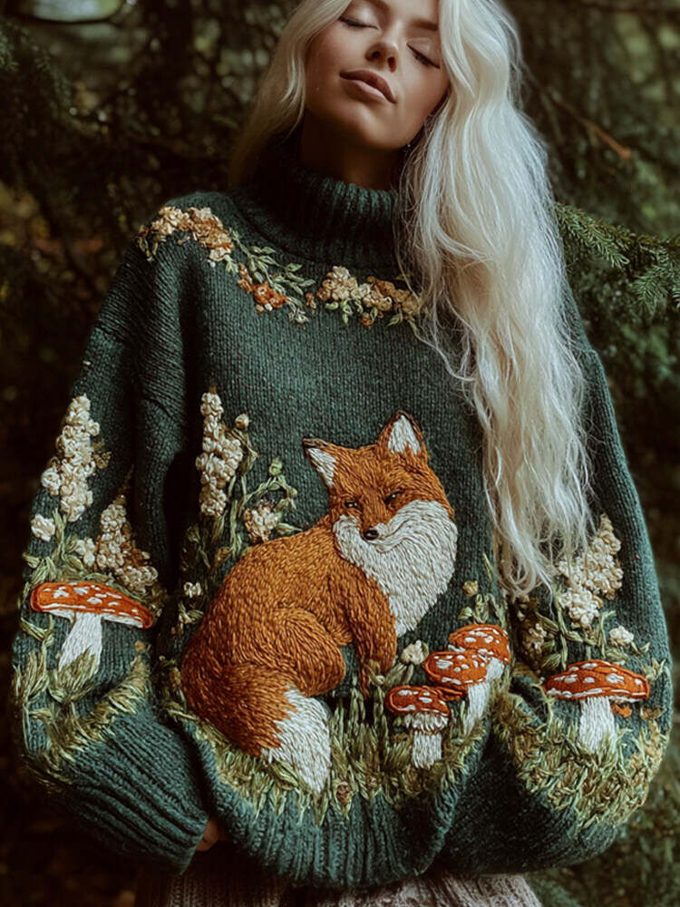 Forest Fox & Mushroom Embroidery Women's Knit Turtleneck Sweater