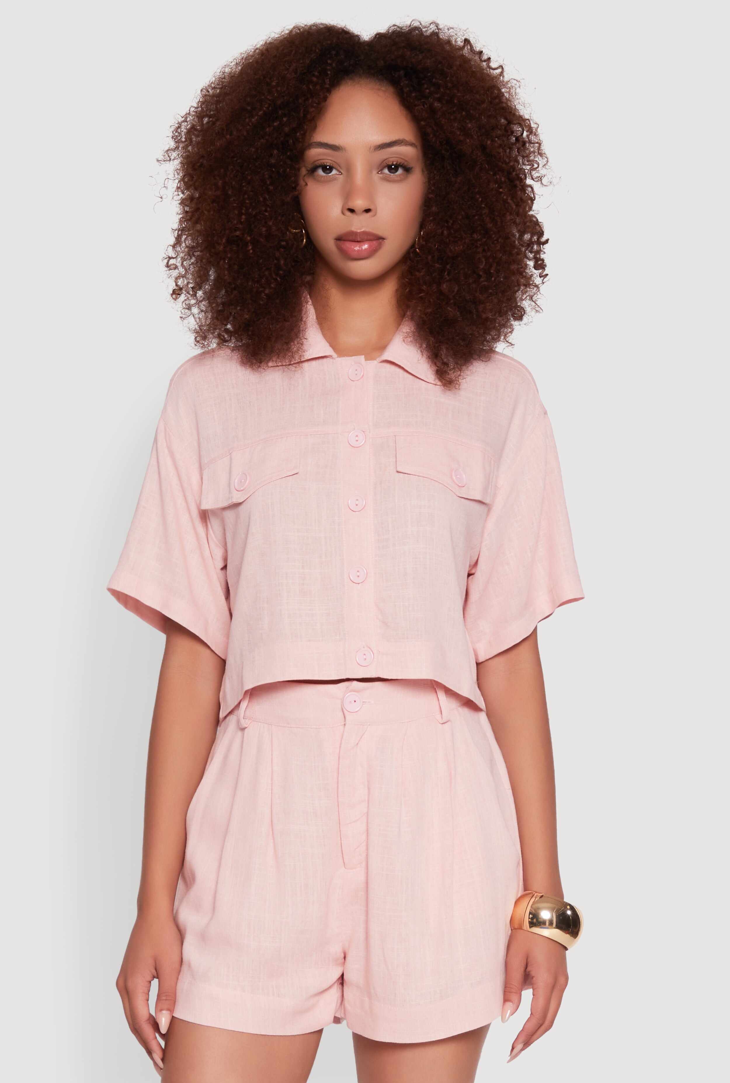 Trendy Linen Flap Detail Button Front Cropped Shirt