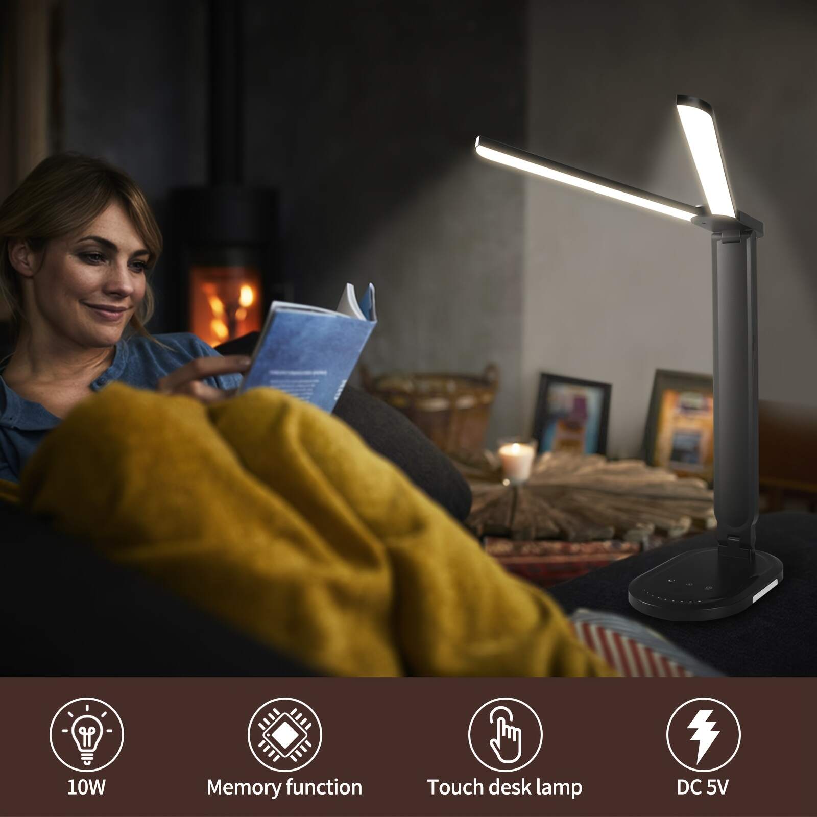 2pcs Adjustable & Foldable LED Desk Lamps with Dual Arms, Touch Control, Eye-Care Technology, USB-Powered, White/Black - Ideal for Home Office, Study, Crafting, Study Desk Lamp | Sleek Design | Versatile Positioning