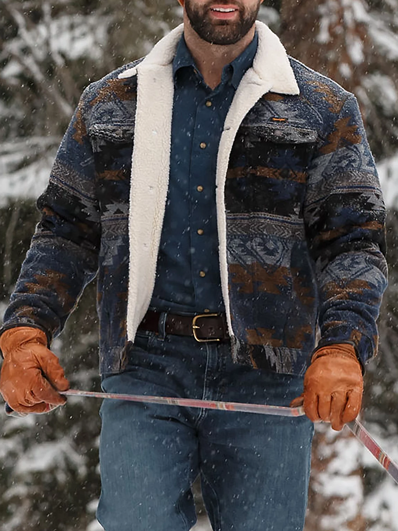 Men's Dark Blue Sherpa Lined Jacquard Print Jacket,
