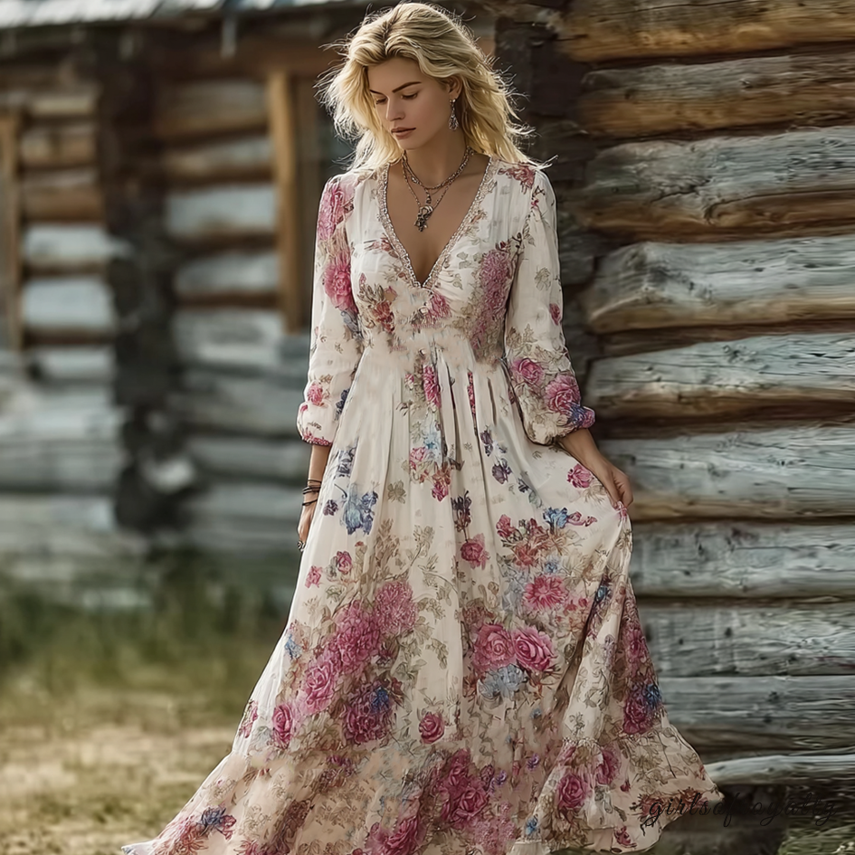 Bohemian Style Floral Butterfly Pattern Women's V-neck Dress