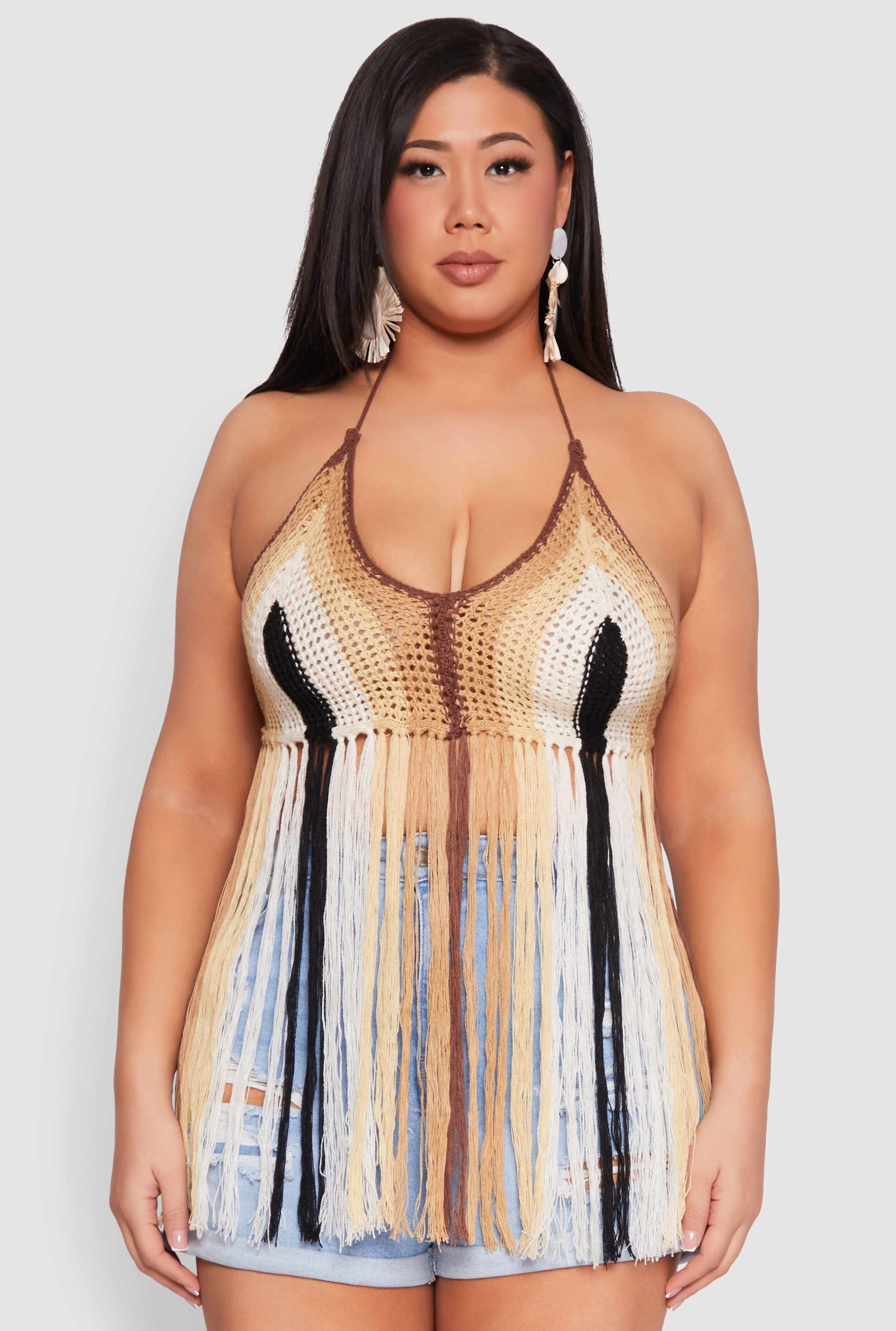 Plus Size Tassel Fringe Crochet Halter Top