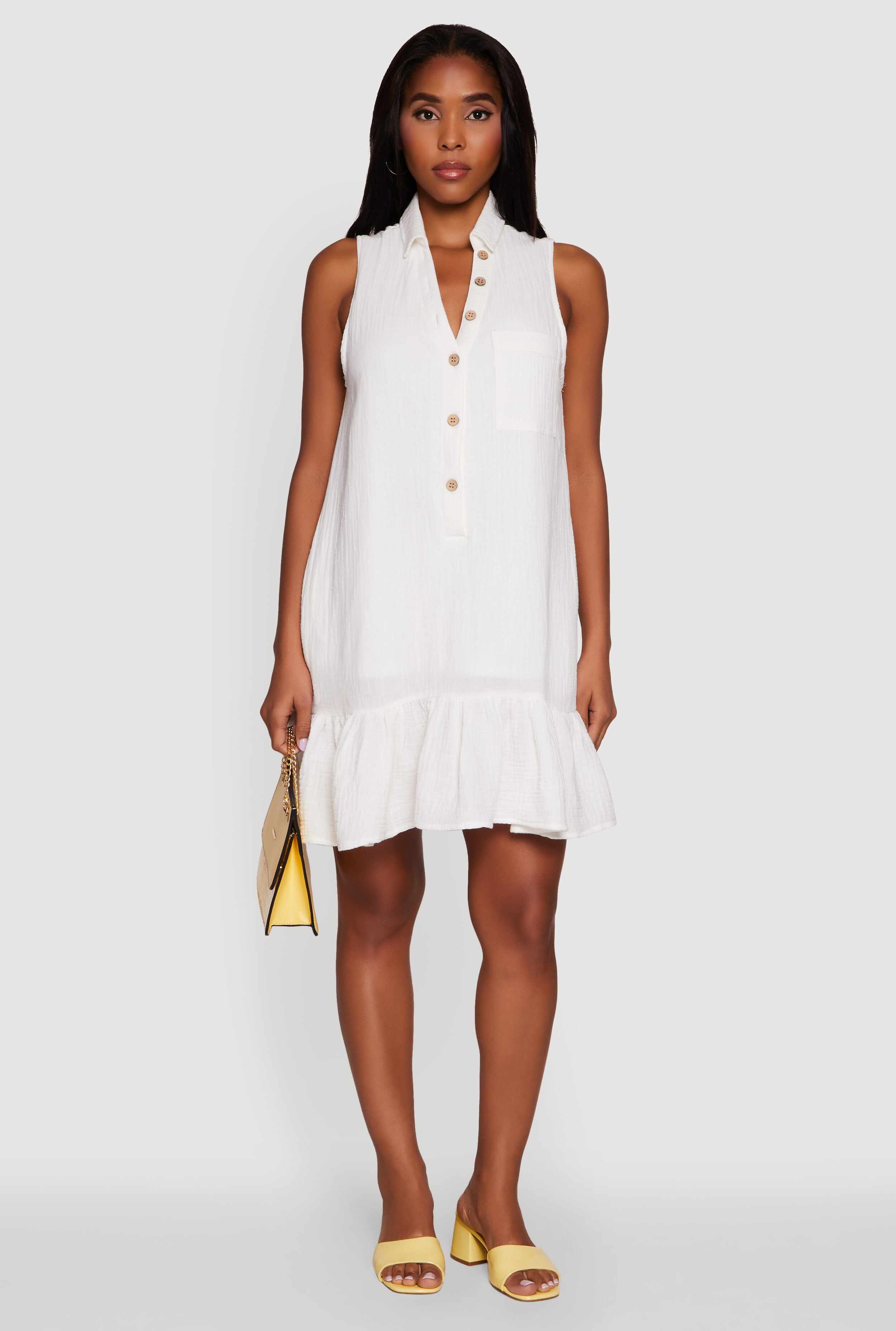 Chic Gauze Knit Button Front Peplum Hem Dress