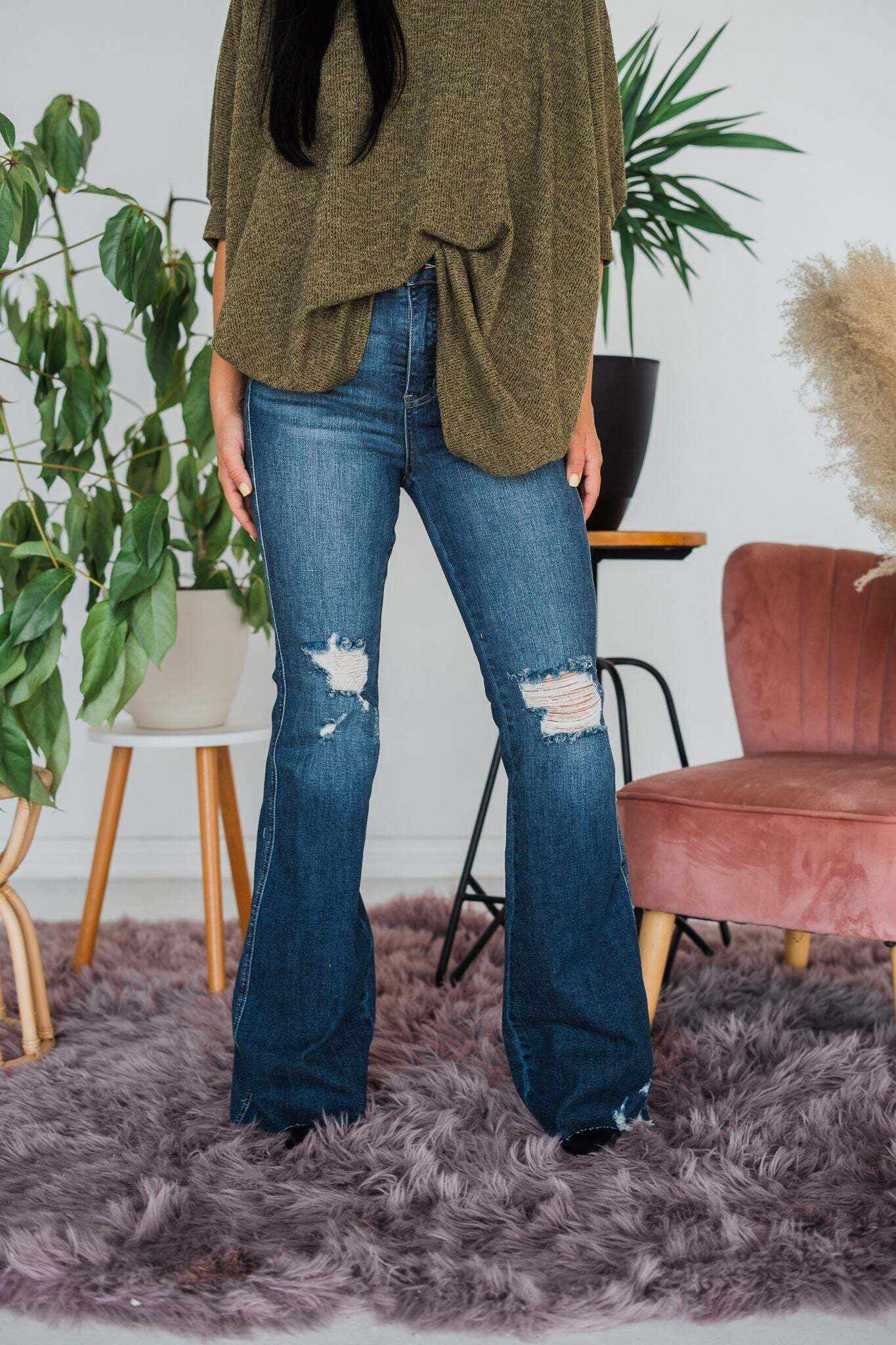 Full Of Flare - Christmas Tummy Control Knee Destroy Raw Hem Flare Jeans- Final Sale