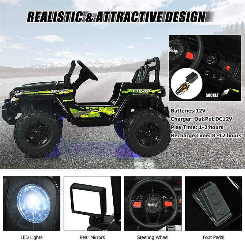 12V Kids Ride-on Jeep Car Battery Powered Electric Truck with Parental Remote Control
