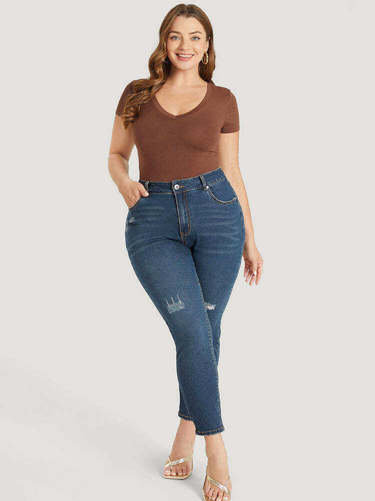 Skinny Moderately Stretchy High Rise Dark Wash Ripped Jeans