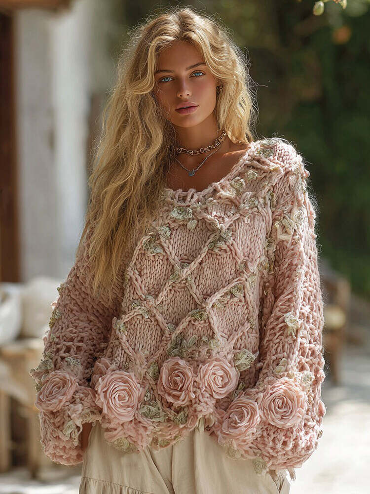 Women's Boho Rose Chunky Knit Crew Neck Aran Sweater