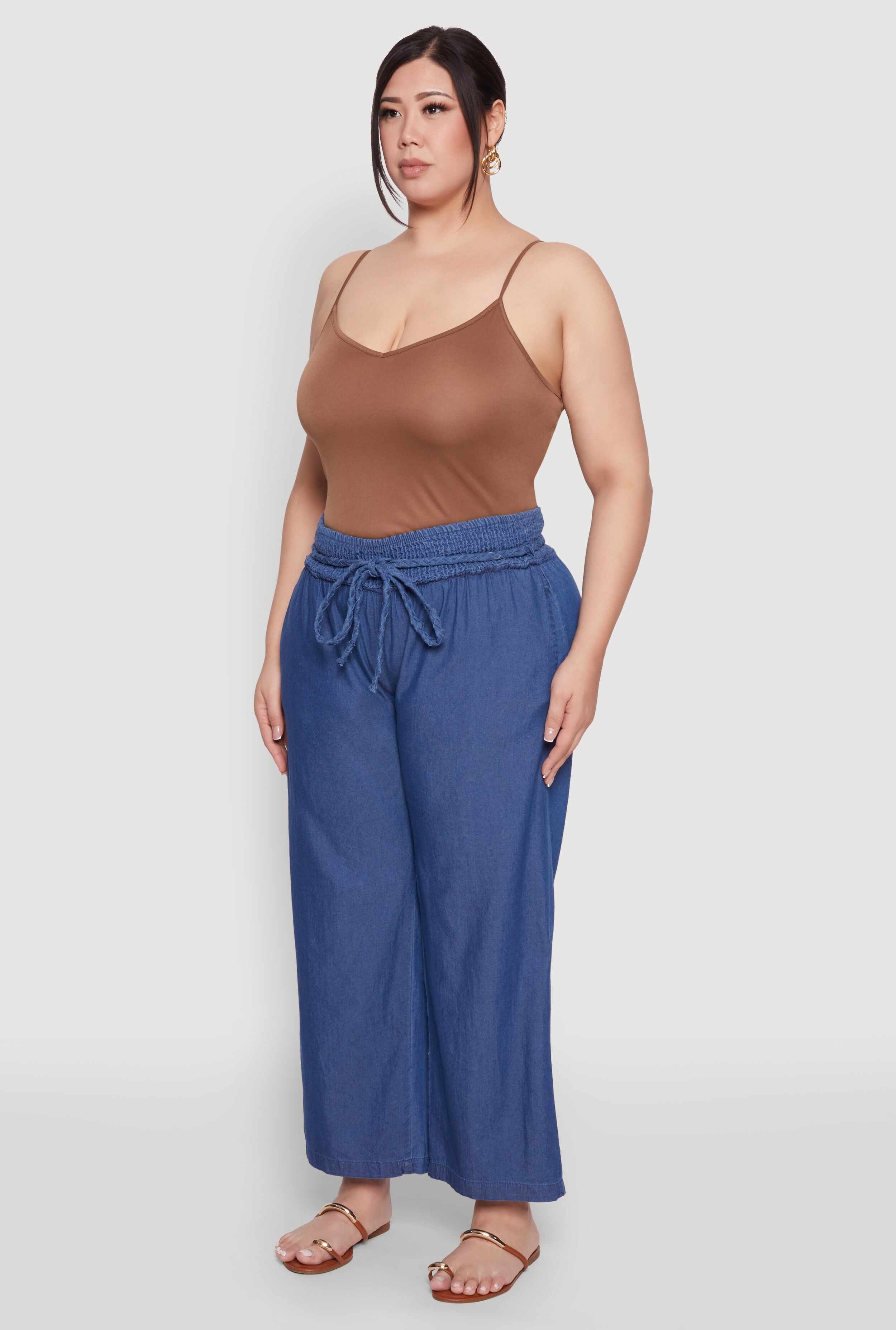 Plus Size Chambray Tie Waist Belted Pants