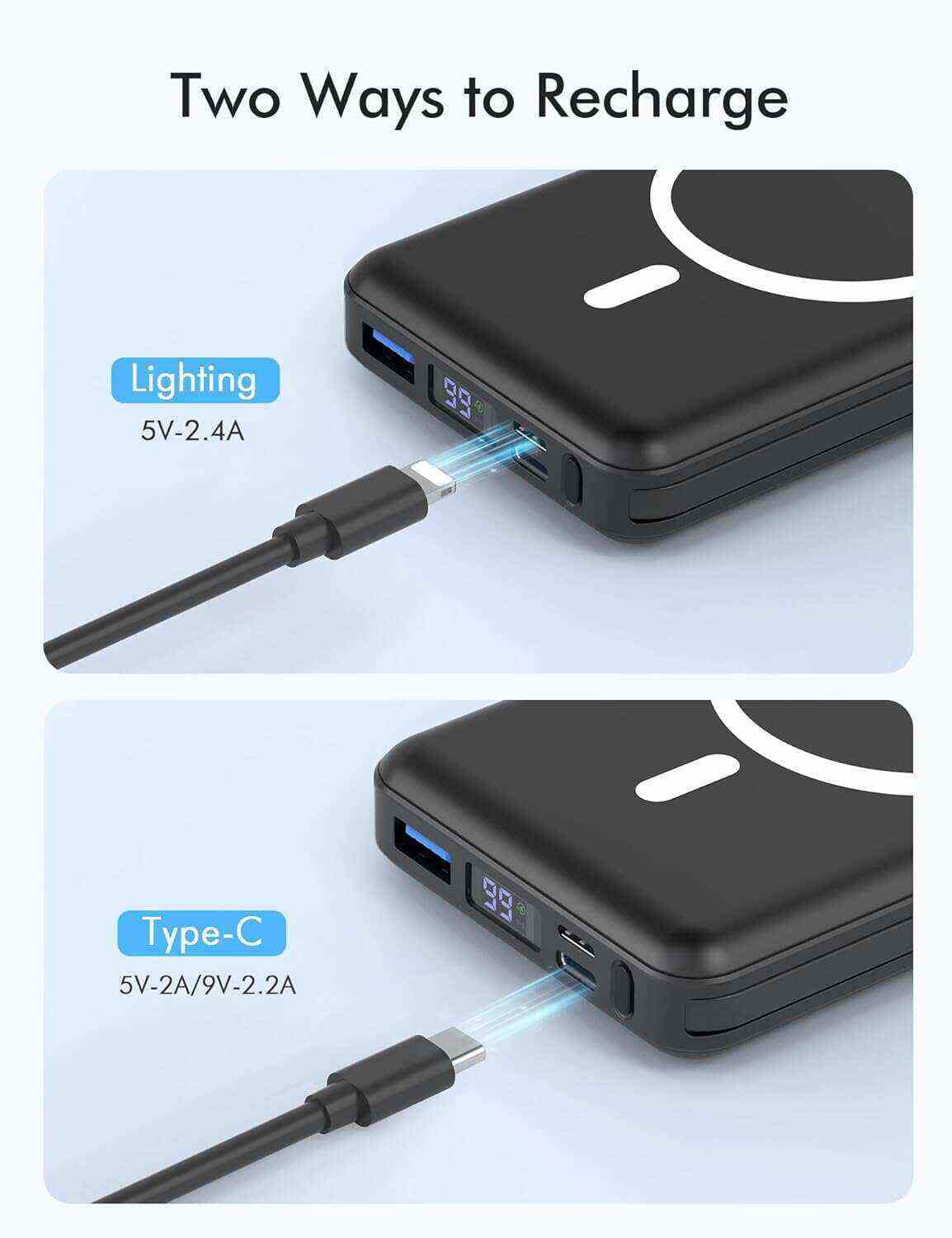 podoru Wireless Portable Charger, 10000mAh Magnetic Power Bank Built-in USB-C Lighting Cables 22.5W PD Fast Charging LED Display Mag-Safe Battery Pack for iPhone 15/14/13/12/Mini/Pro/Pro Max - White