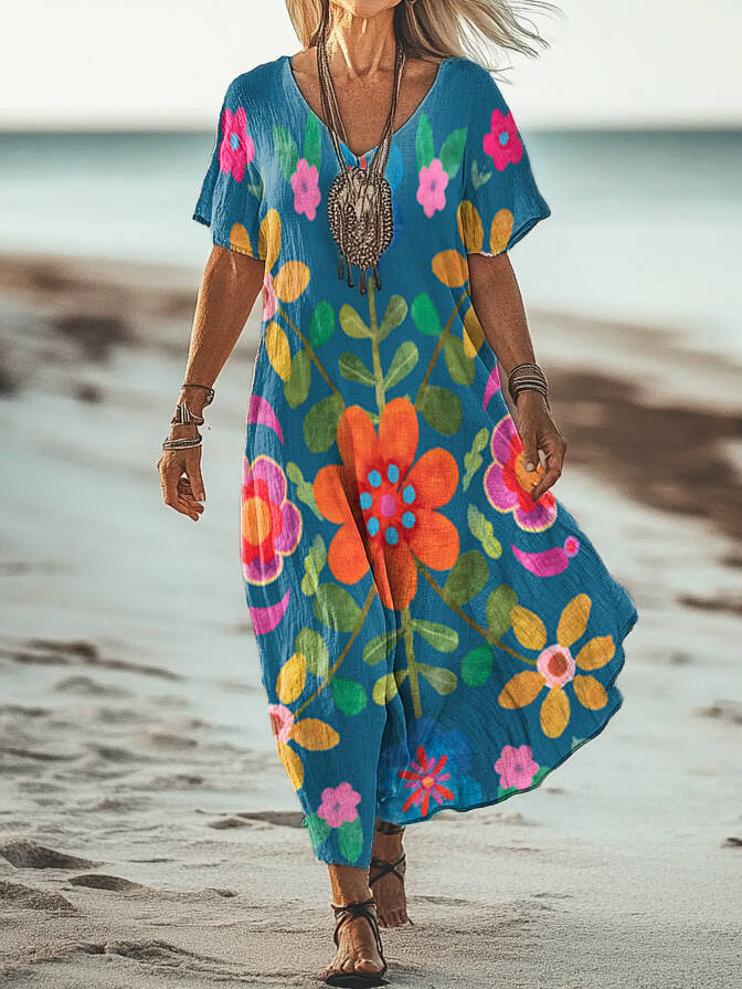 Women's Bohemian Floral Art Print V Neck Short Sleeve Cotton Pocket Dress