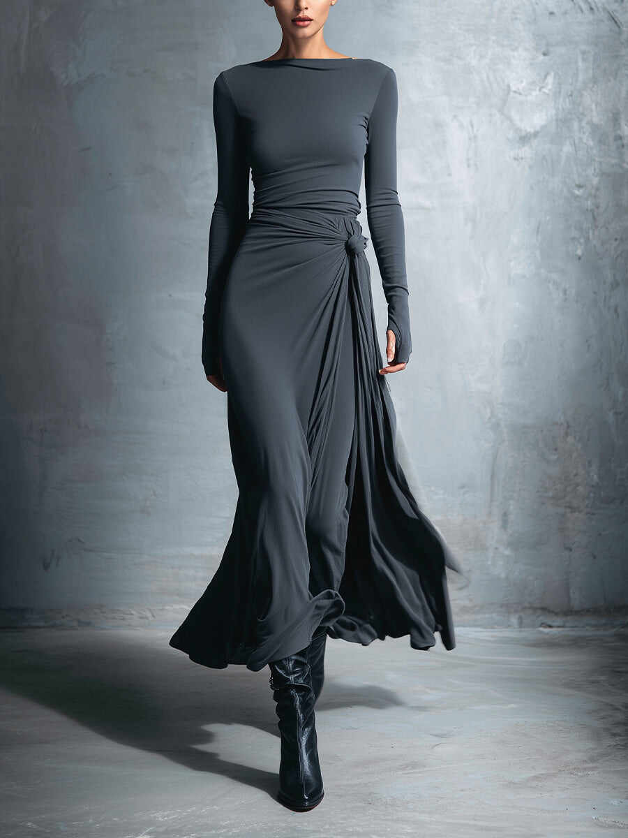 Women's Gray Exquisite Stretch Polyester-Cotton Blend Wrap Dress - Knotted Maxi Dress