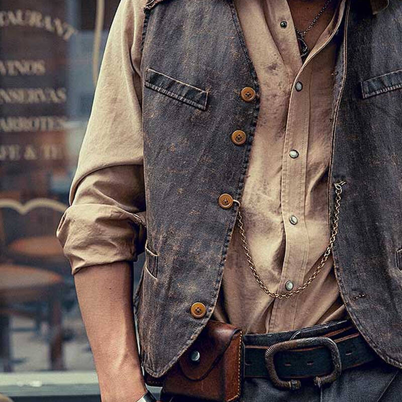 American Retro Tooling Frayed Frosted Brown Leather Vest