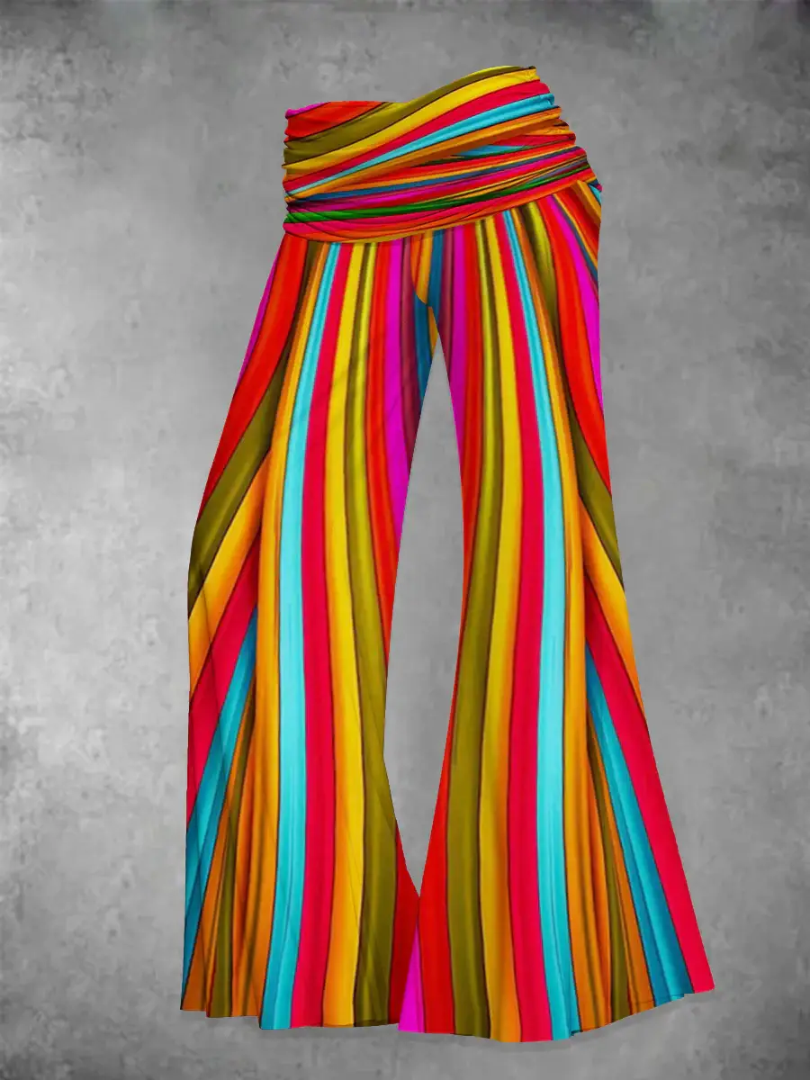 Women's Retro Rainbow Stripe Art Print  Wide Leg Pants