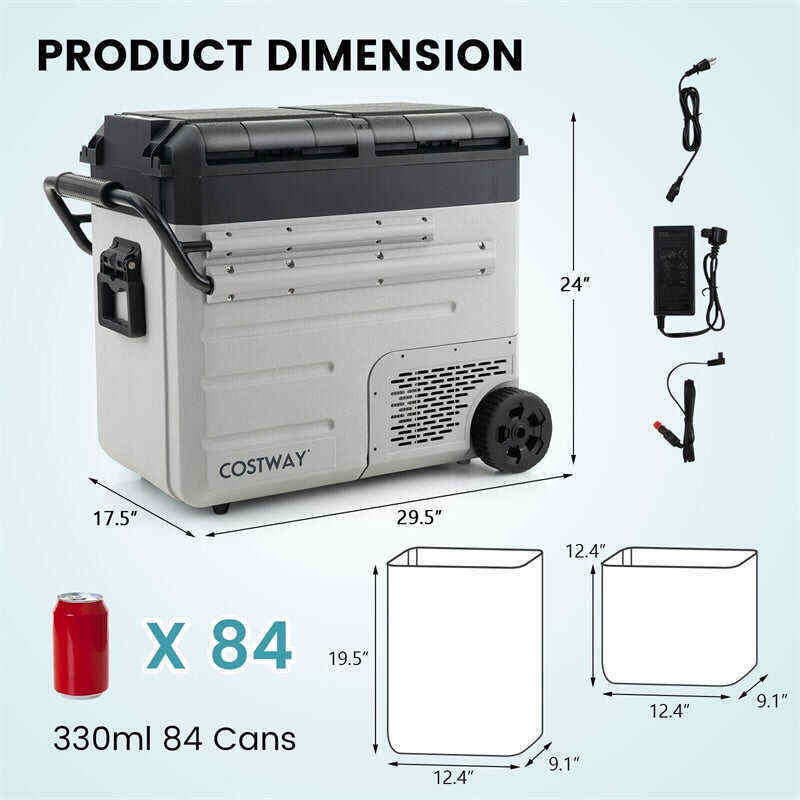 61 Quart Portable Car Refrigerator with Wheels 12/24V DC & 110-240V AC Dual-zone Electric Car Cooler Fridge for RV Camping Travel Home
