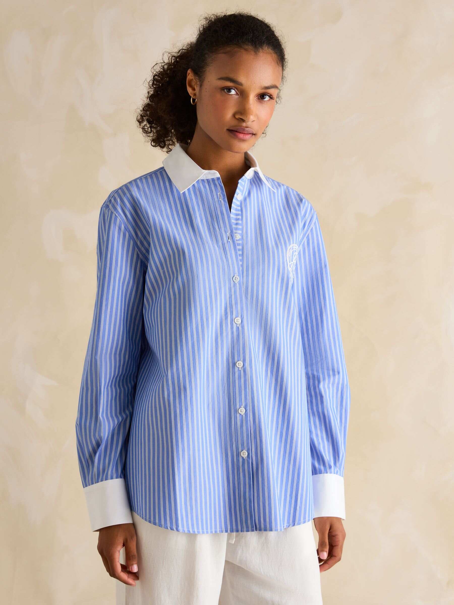 Amilla Blue & White Embroidery Longline Relaxed Fit Shirt