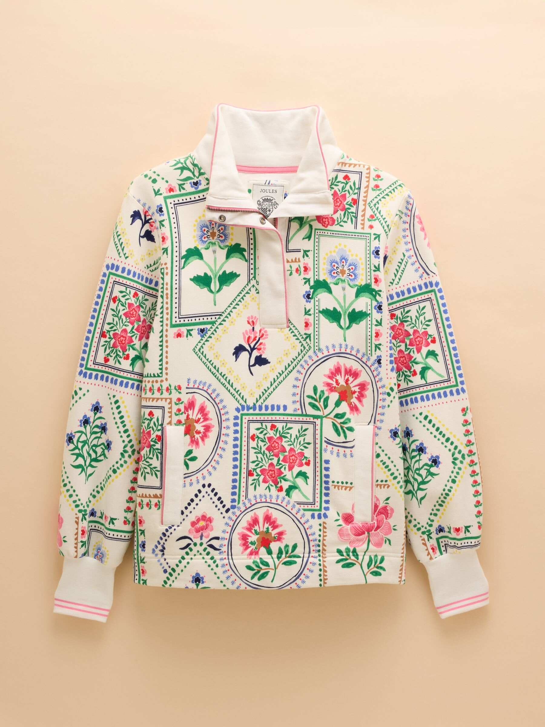Burnham Cream Tile Print Cotton Funnel Neck Quarter Zip Sweatshirt