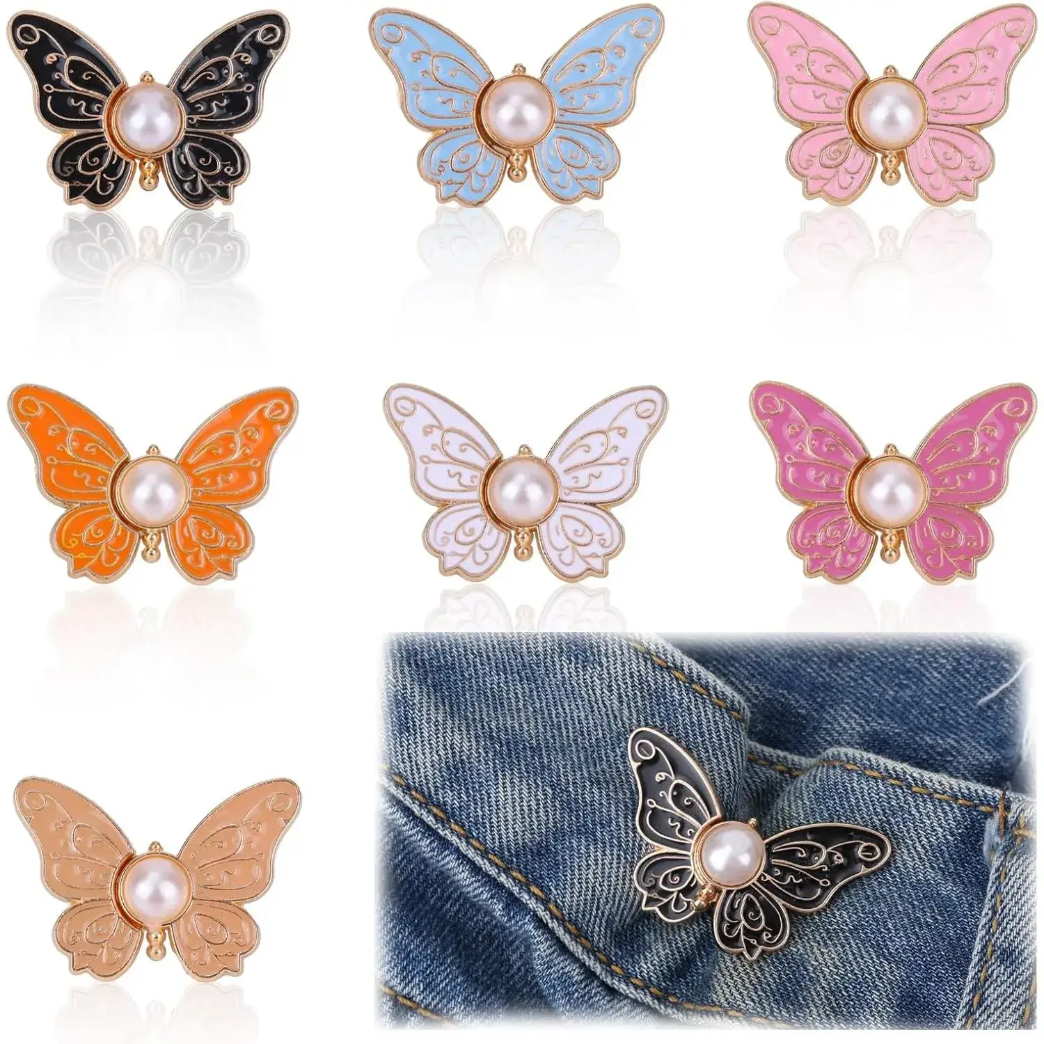 Women's 6pcs Butterfly Waist Tighteners - Stylish Accessories, No-Sew No-Tools Adjustable Button Pins Buckle Clips for Loose Jeans, Skirts (Home Supplies)